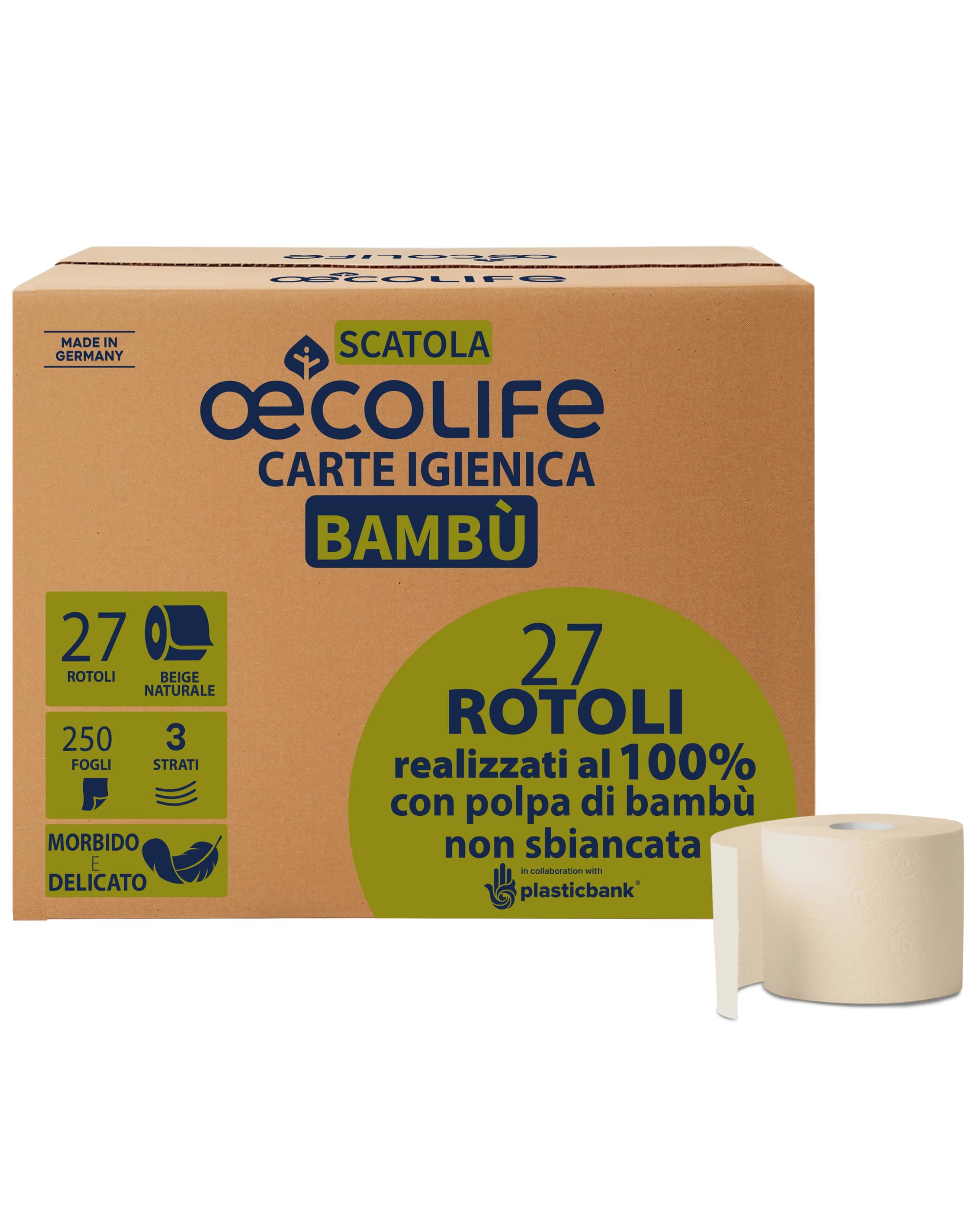 oecolife - Scatola di carta igienica in bambù, 3 strati, 27 rotoli da 250 fogli, confezione grande, super morbida, senza plastica, prodotto vegano, carta igienica sostenibile