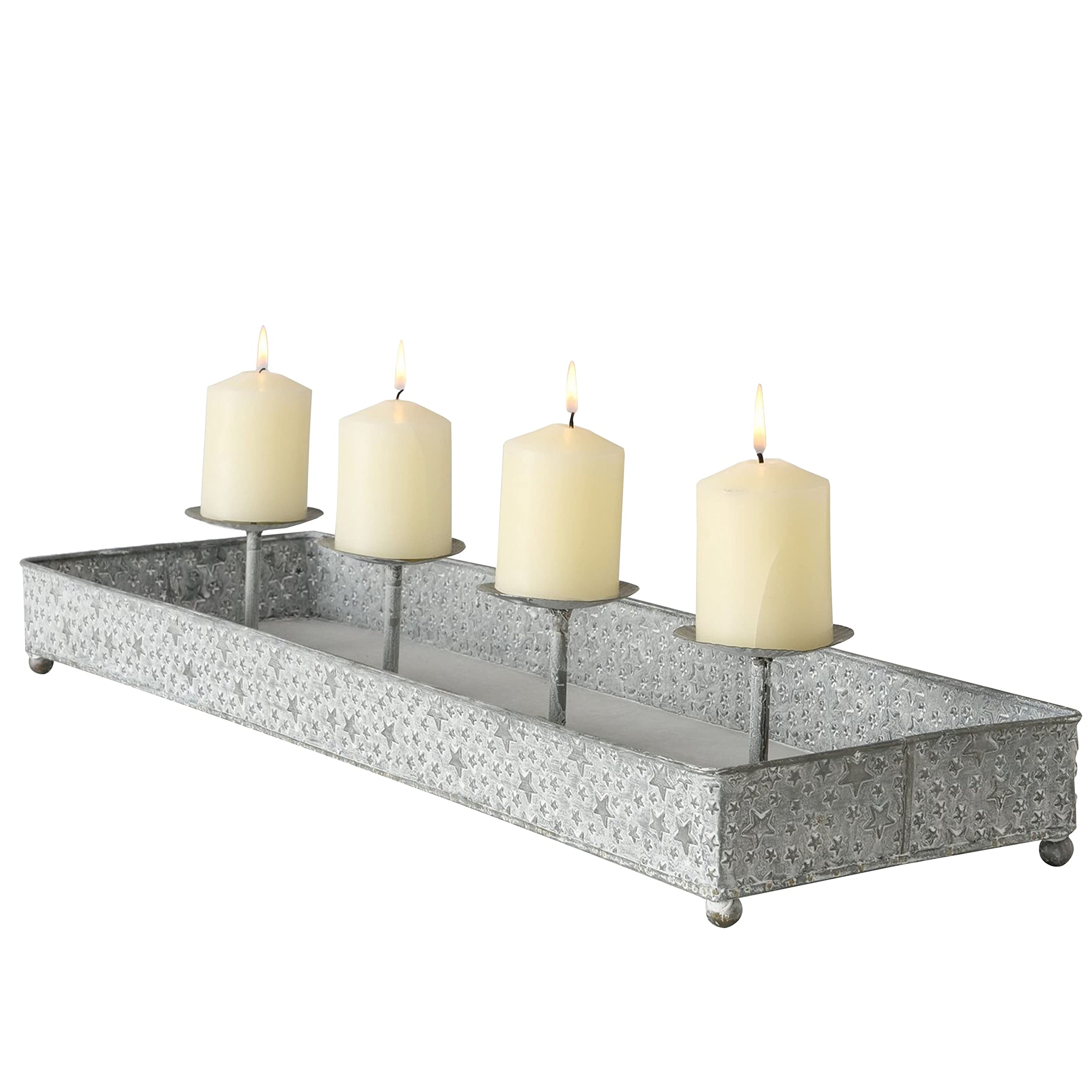 BOLTZE Kerzenleuchter Finno rechteckig I (LxH) 70x11cm I Kerzenständer aus Zink mit Sternen-Dekor I Advents-Kerzenhalter auf Tablett für 4 Stumpenkerzen I Tisch-Deko zu Weihnachten, Kranz, Wohnzimmer