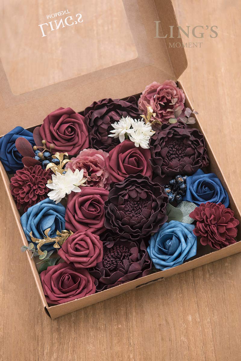Ling's moment Classical Burgundy Navy Blue Artificial Flowers Box Set