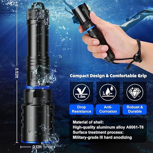 Miniatura 3 de Luz de buceo de 1000 lúmenes, impermeable IPX8 100M, linterna LED recargable con ángulo de haz de 11, buceo submarino y linterna de snorkel para