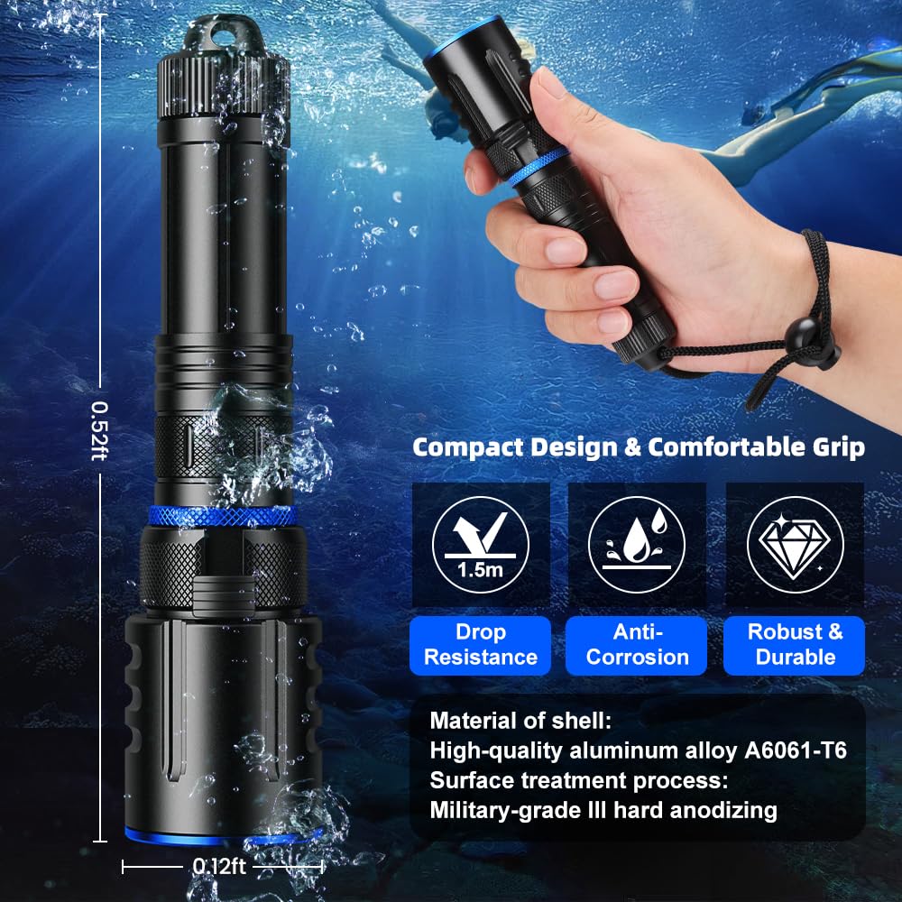 Torcia subacquea, 2000 lumen, torcia subacquea a LED, ricaricabile, impermeabile, luce sottomarina per immersioni notturne in grotte profonde