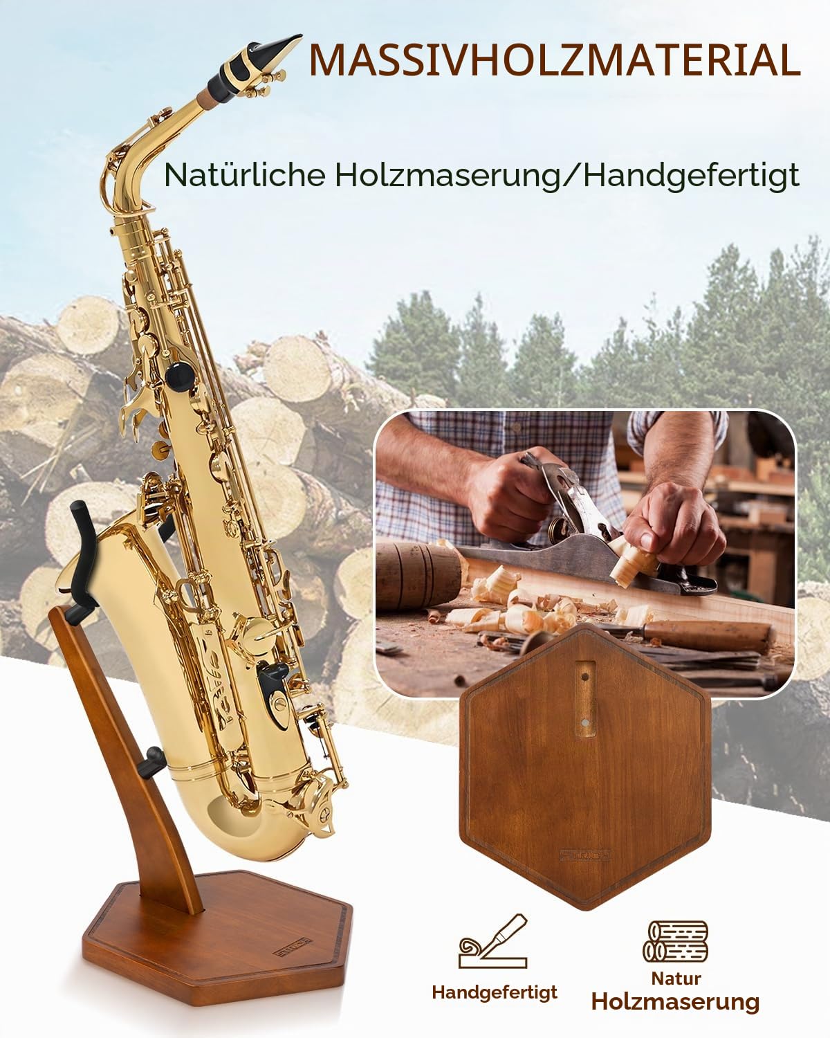 STRICH Holz-Saxophonständer für Alt-/Tenorsaxophon, Handgefertigter Massivholz-Bodenständer in Walnussfarbe Mit Schwerem, Beschwertem Sockel (FH-4, Sax)