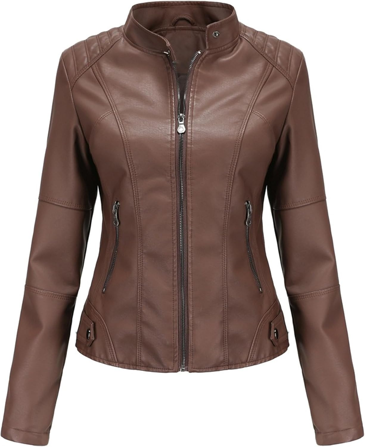 Women's Stand Collar Solid Stylish Jacket Faux Leather Slim Fit Comfort Coat Jacket Full Zip Biker Outdoor Coats
