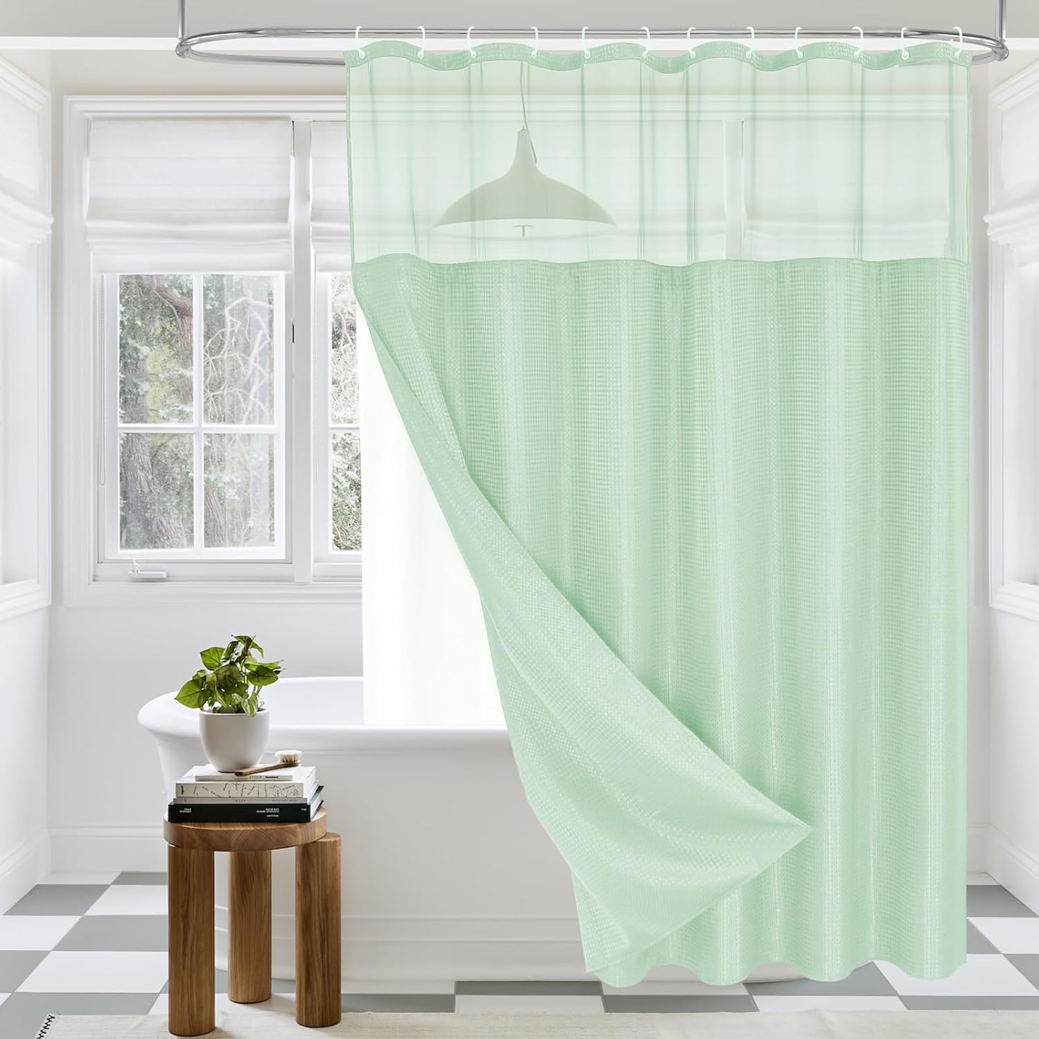 MitoVilla Extra Long 72 x 84 Shower Curtain Set with Snap-in Liner, Green Waffle XL Heavyweight Fabric Cloth Shower Curtains for Modern Luxury Hotel Spa Bathroom Decor, Mint Green