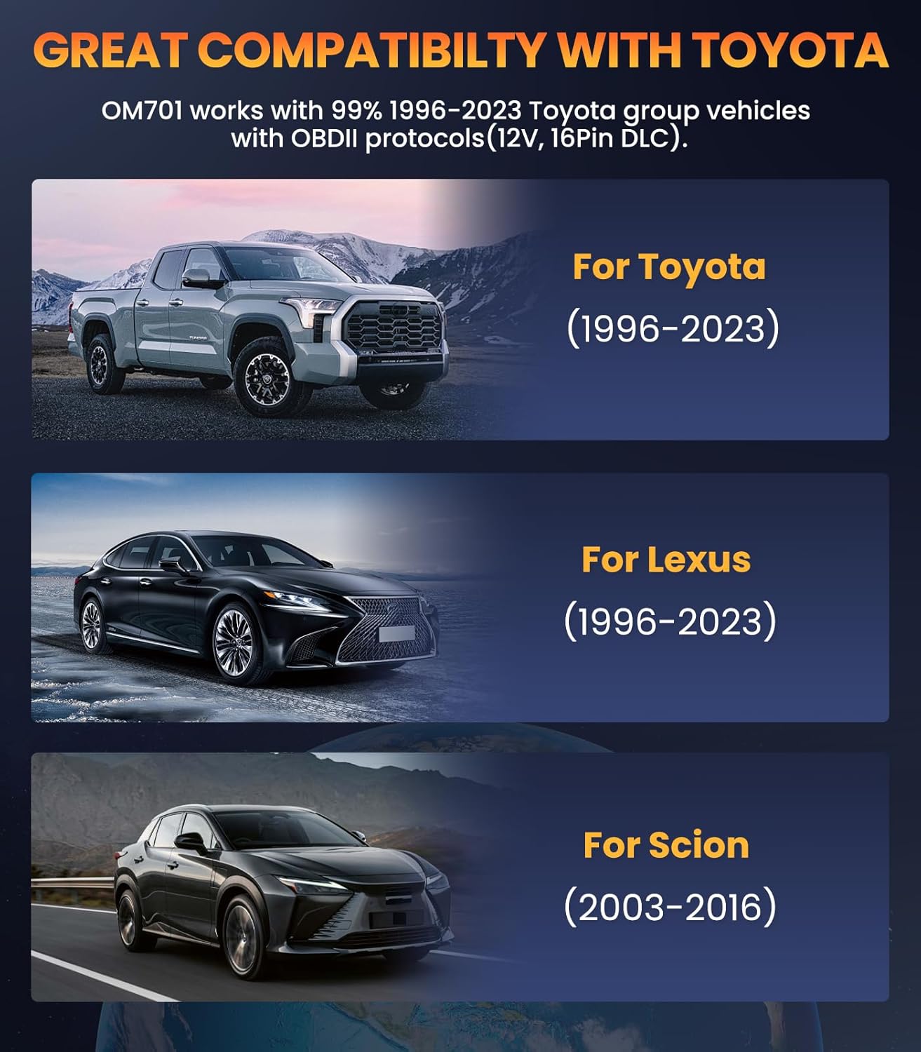 OBDMATE OM701 displaying engine code reader functions like Read & Clear Codes, I/M Readiness, Data Stream, Mode 6&8, Vehicle Information