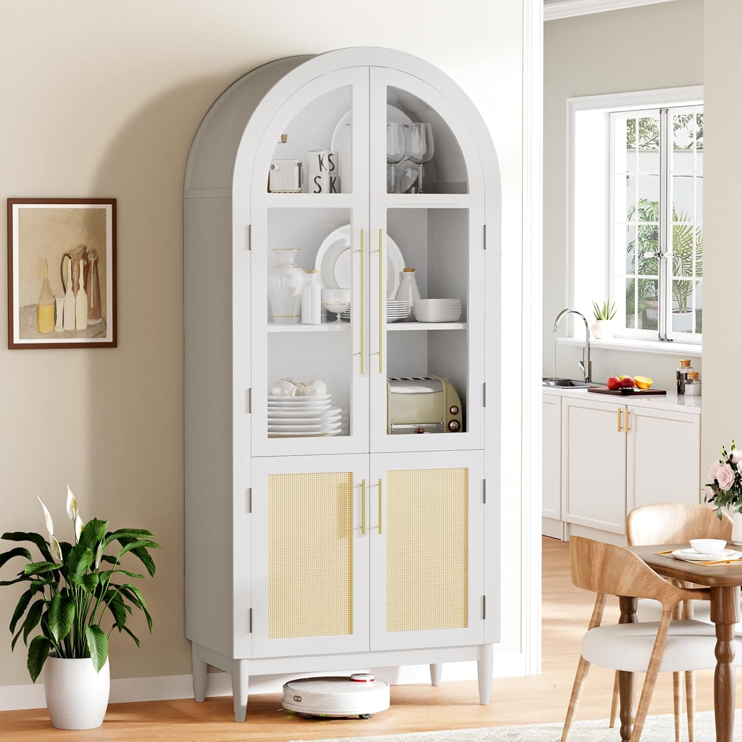 71" Arched Storage Cabinet Tall Modern Farmhouse Stylish Kitchen Pantry Cabinet with Glass Doors, Solid Wood Legs, and Storage Shelves for Living Room, Dining Room or Office, White
