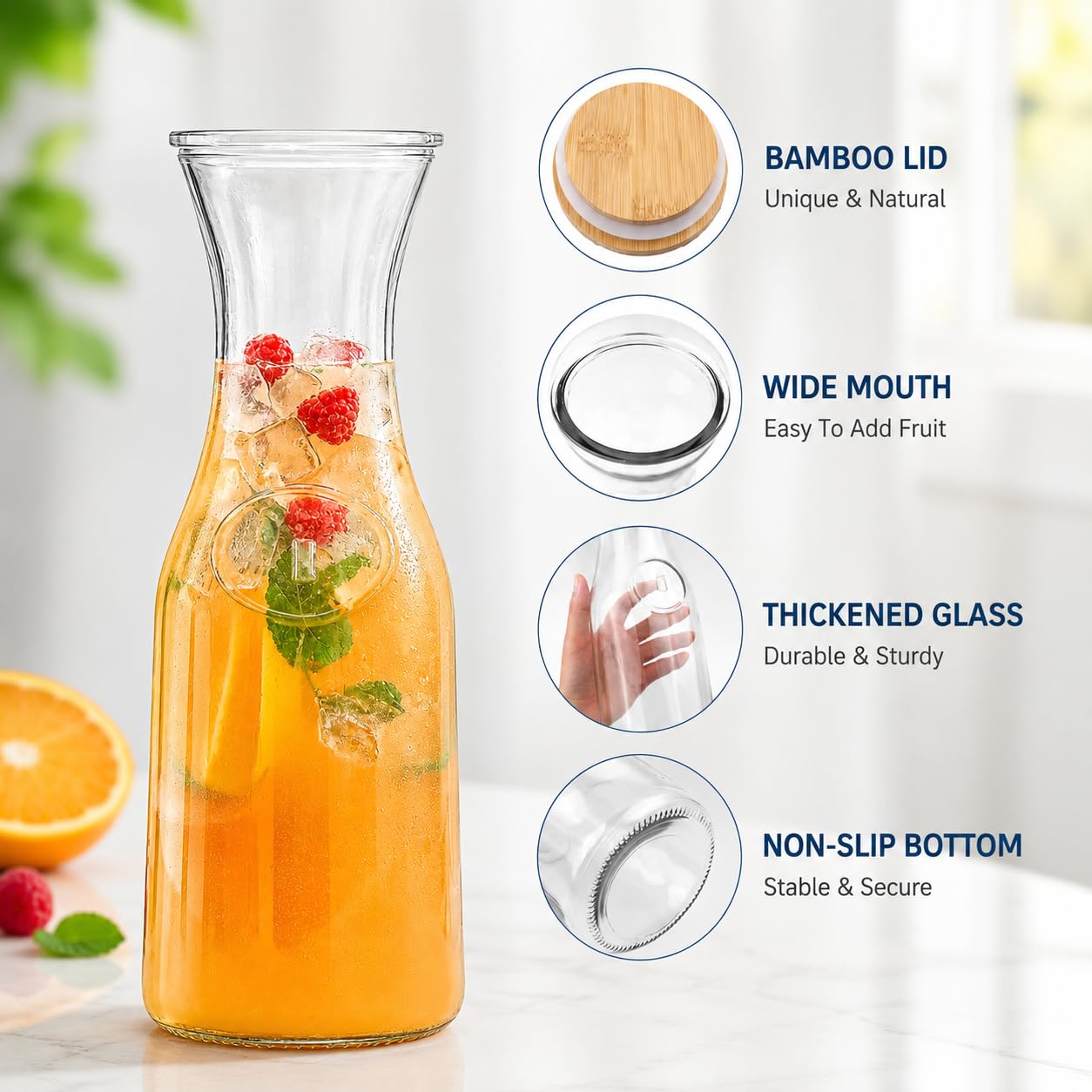 Lot de 4 carafes en verre transparent avec couvercle - Pour thé glacé, café, jus - 1000 ml