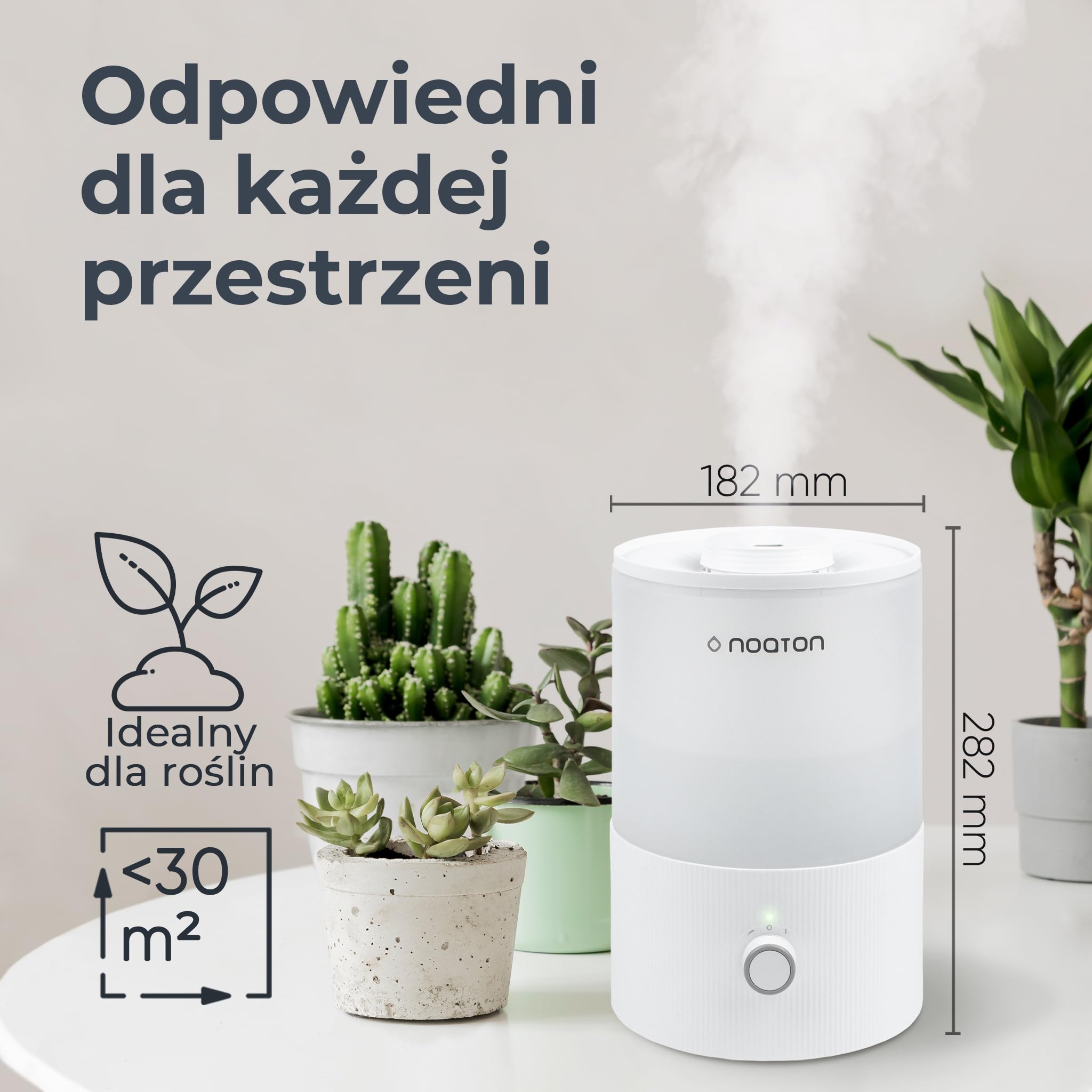 Noaton Essential Nawilżacz powietrza do sypialni 3,3L, dla dzieci i roślin, napełnianie od góry, czas pracy 33 godziny, oświetlenie LED, kontrola mgiełki, lampka nocna…