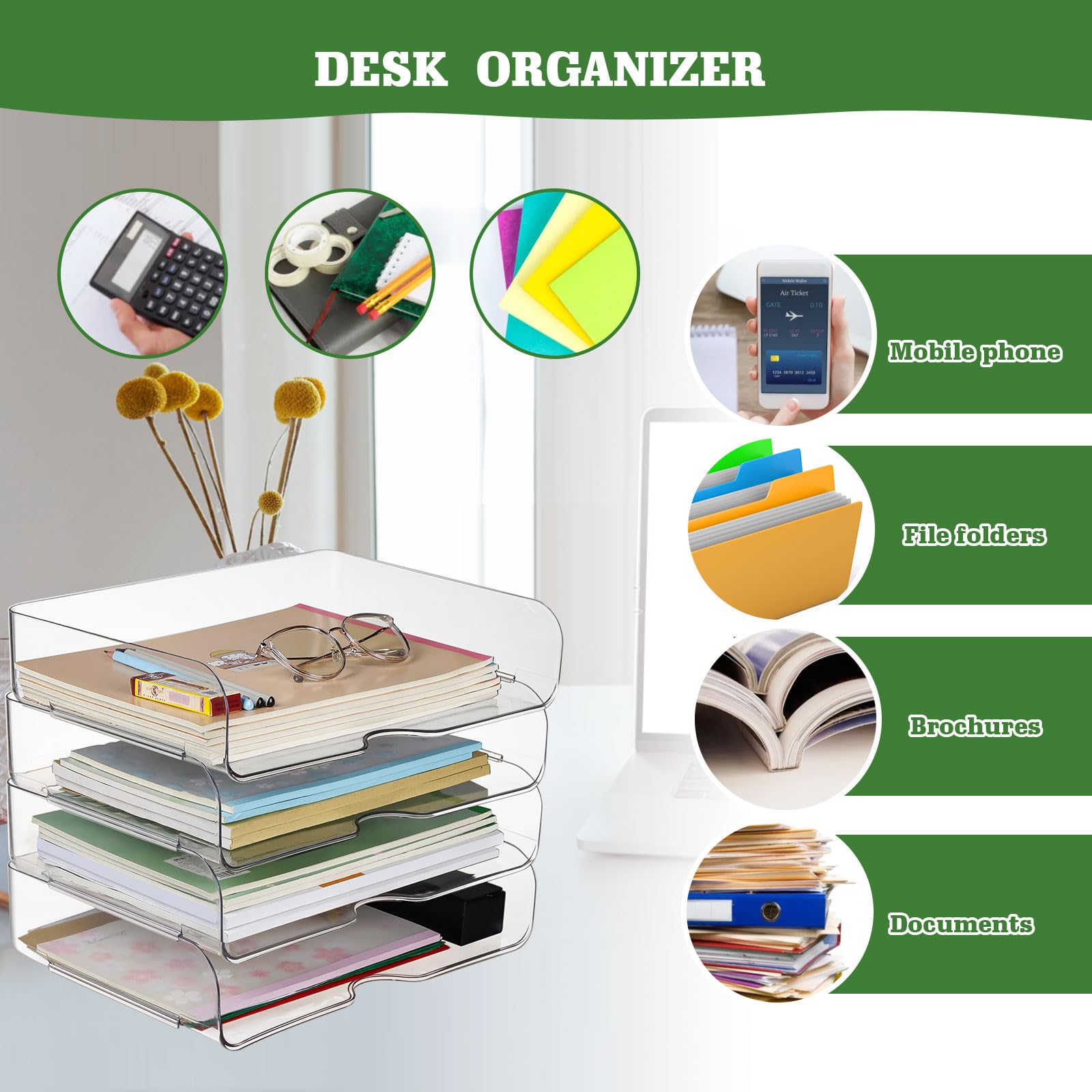 Greentainer Cesta de Almacenamiento de 4 Pisos para A4, Bandeja para Documentos de plástico, apilable, Bandeja para Cartas, Bandeja de Papel A4 para el hogar, Oficina, Escuela (4 Unidades