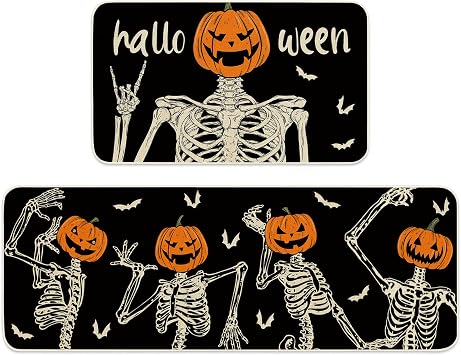 Whaline 2 Pcs Halloween Kitchen Mat Spooky Pumpkin Skeleton Floor Mats Non-Slip Black Orange Decorative Door Rugs for Halloween Home Decor, 17 x 29 in, 17 x 47 in