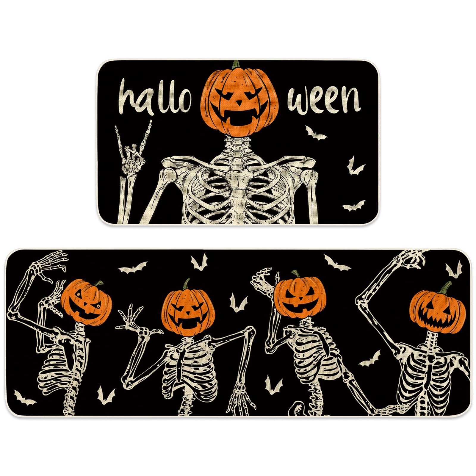 Tapis de cuisine d'Halloween antidérapant noir et orange motif squelette citrouille