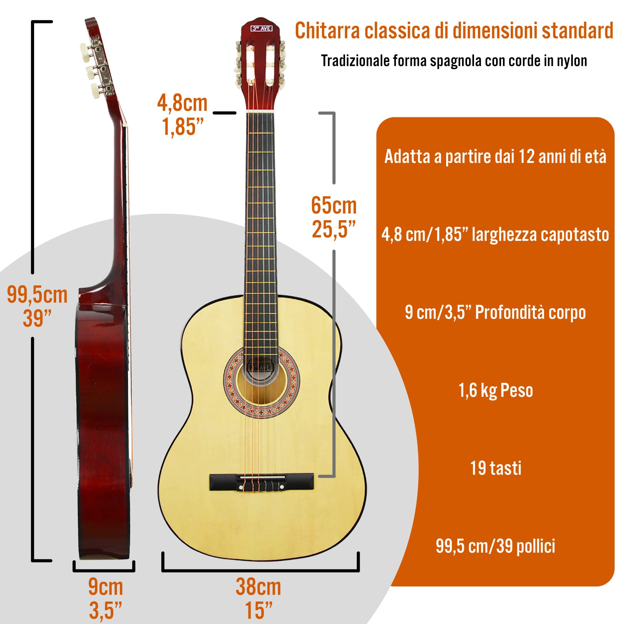 3rd Avenue Chitarra classica spagnola livello beginner di dimensioni standard 4/4 3rd Avenue con corde in nylon, e custodia da trasporto – Naturale
