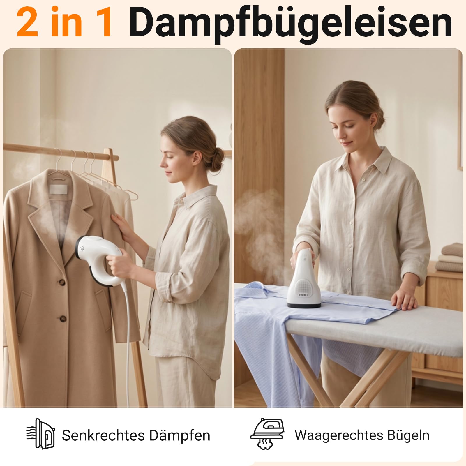 Steamer Dampfglätter mit Saugfunktion, Tragbarer Reisedampfglätter | 2800 Pa Saugleistung, Großer abnehmbar Wassertank, 25Sekunden Aufheizen, Dampfbügeleisen 2 in 1, Halterung, Tasche