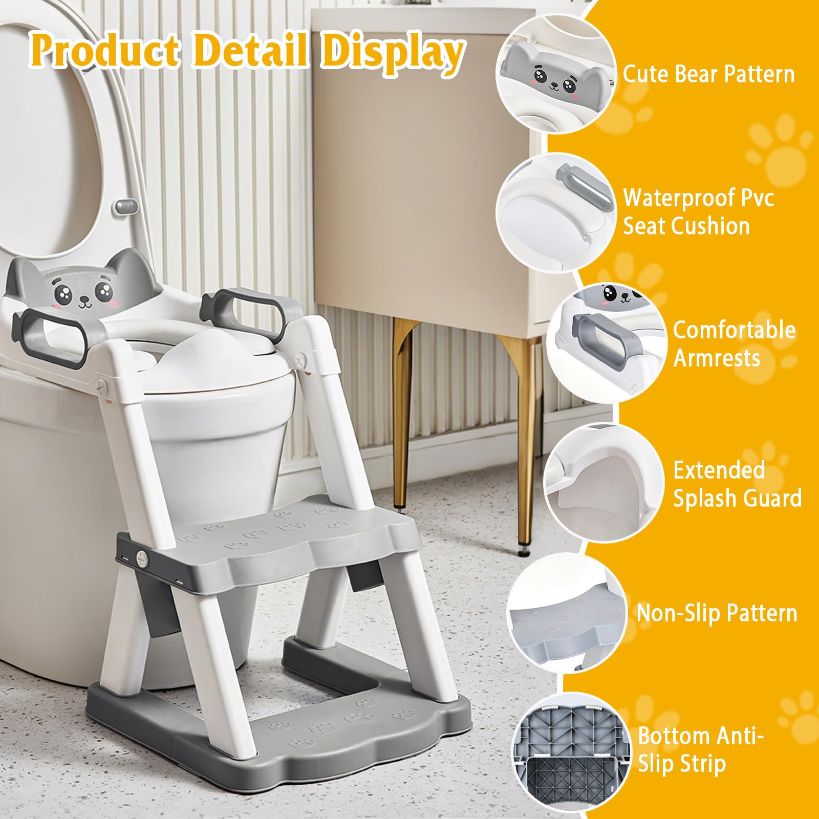Riduttore WC Bambini con Scaletta, Stabilizzare Riduttore Water Bambini con Struttura Trapezoidale, 2 in 1 Pieghevole Adattatore WC per Bambini con PVC Morbida Seduta, Riduttore per Tazze WC a V, U, O