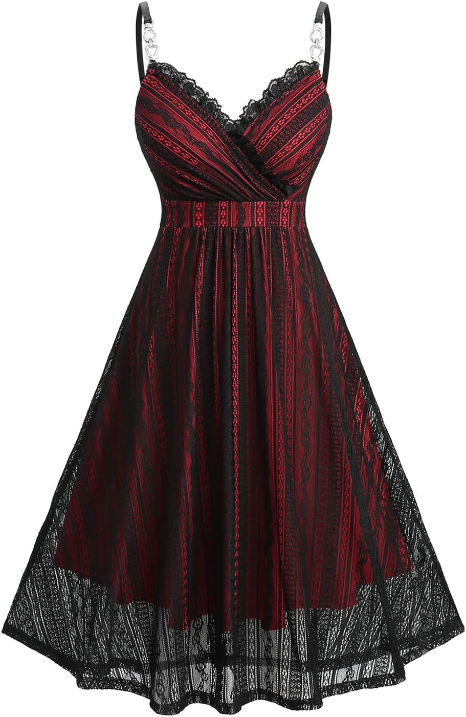 DRESSFO Women Gothic Lace Overlay Cami Dress Surplice A-Line Sleeveless Cocktail Party Dress