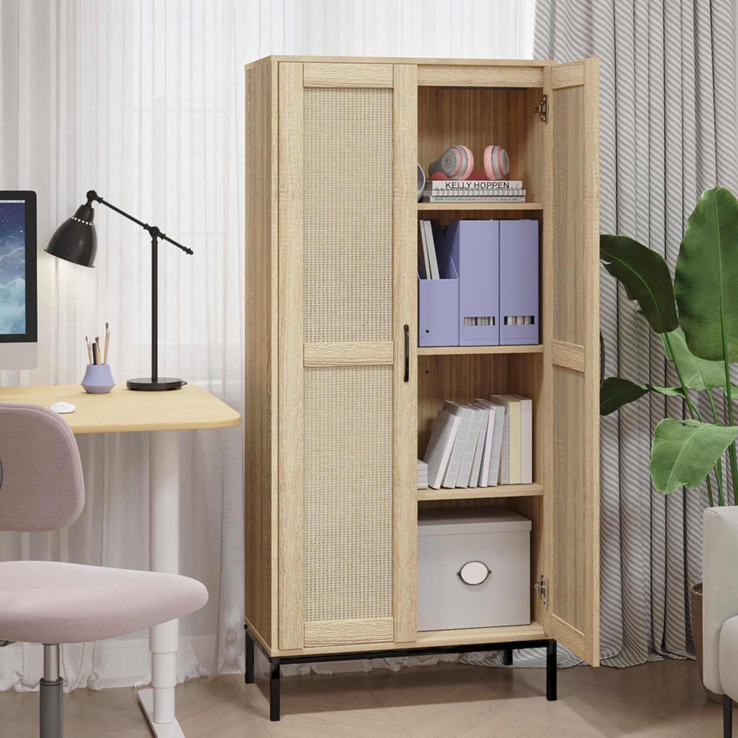 60" Tall Kitchen Pantry with 2 Rattan Doors and 3 Adjustable Shelves,Freestanding Cupboard Storage Cabinet for Kitchen, Laundry Room, Dinning Room and Living Room,Natural