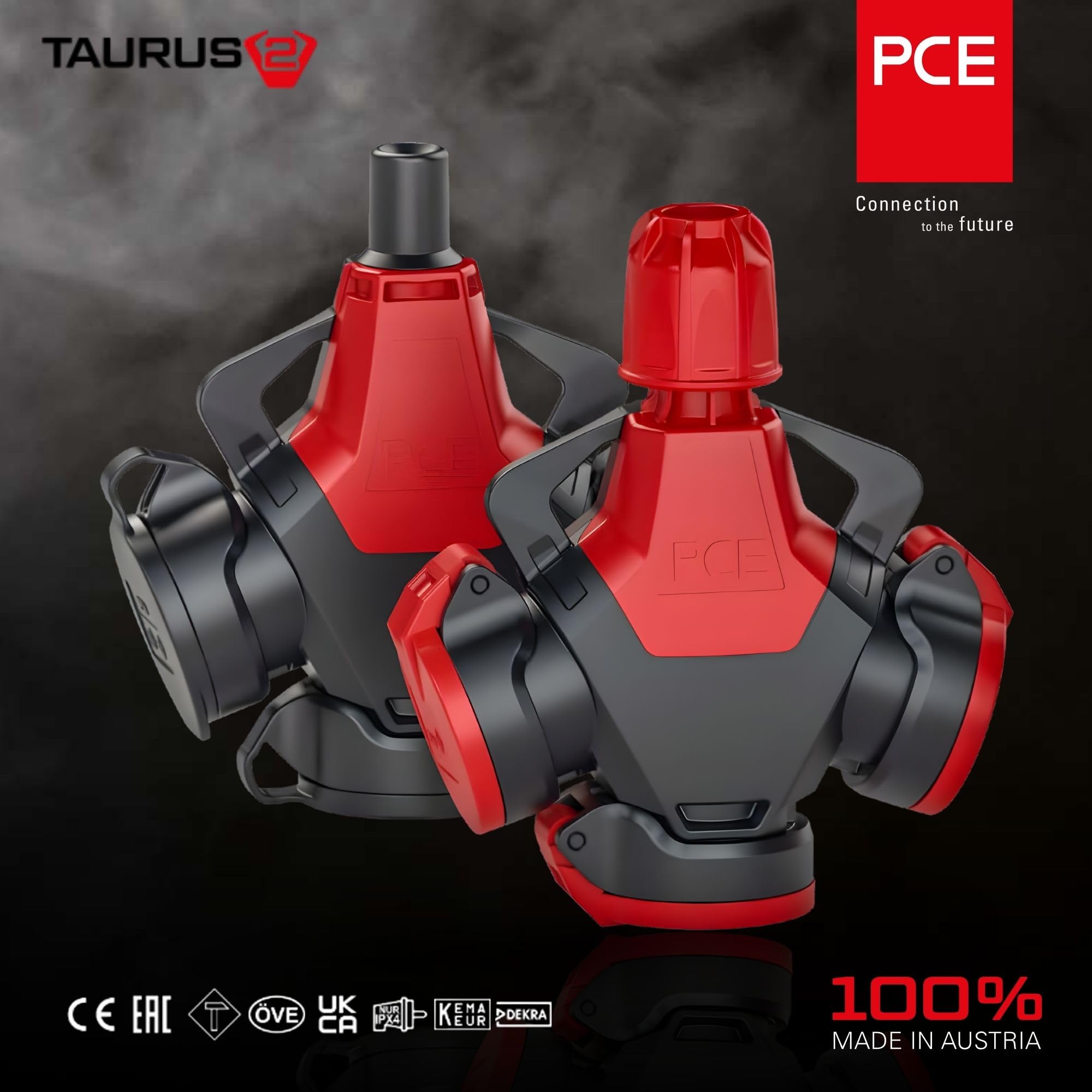 PCE 253711-sr5 Taurus2 3-Wegekupplung Gummi - IP54 Schutzkontakt Kupplung | Robuster 3-fach Verteiler Stecker mit Deckelband für Baustelle & Outdoor, 16A 250V, Zugentlastung & Knickschutz