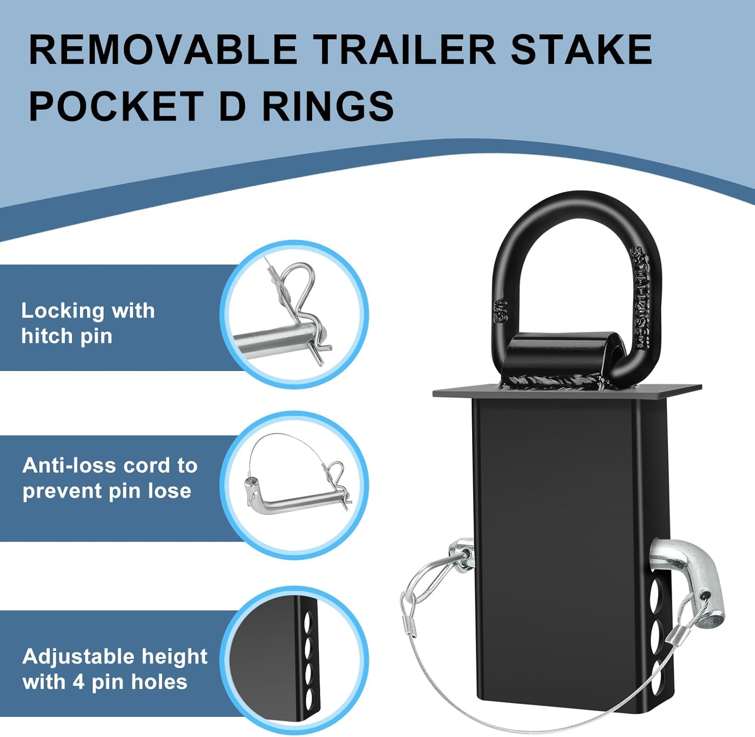 4 Packs Stake Pocket D Ring, Heavy Duty Trailer D Ring Tie Down Anchors, Adjustable with Anti-Loss Cord 16200lbs Load Trailer Accessories Utility for Flatbed Cargo Truck, Black - Image 5