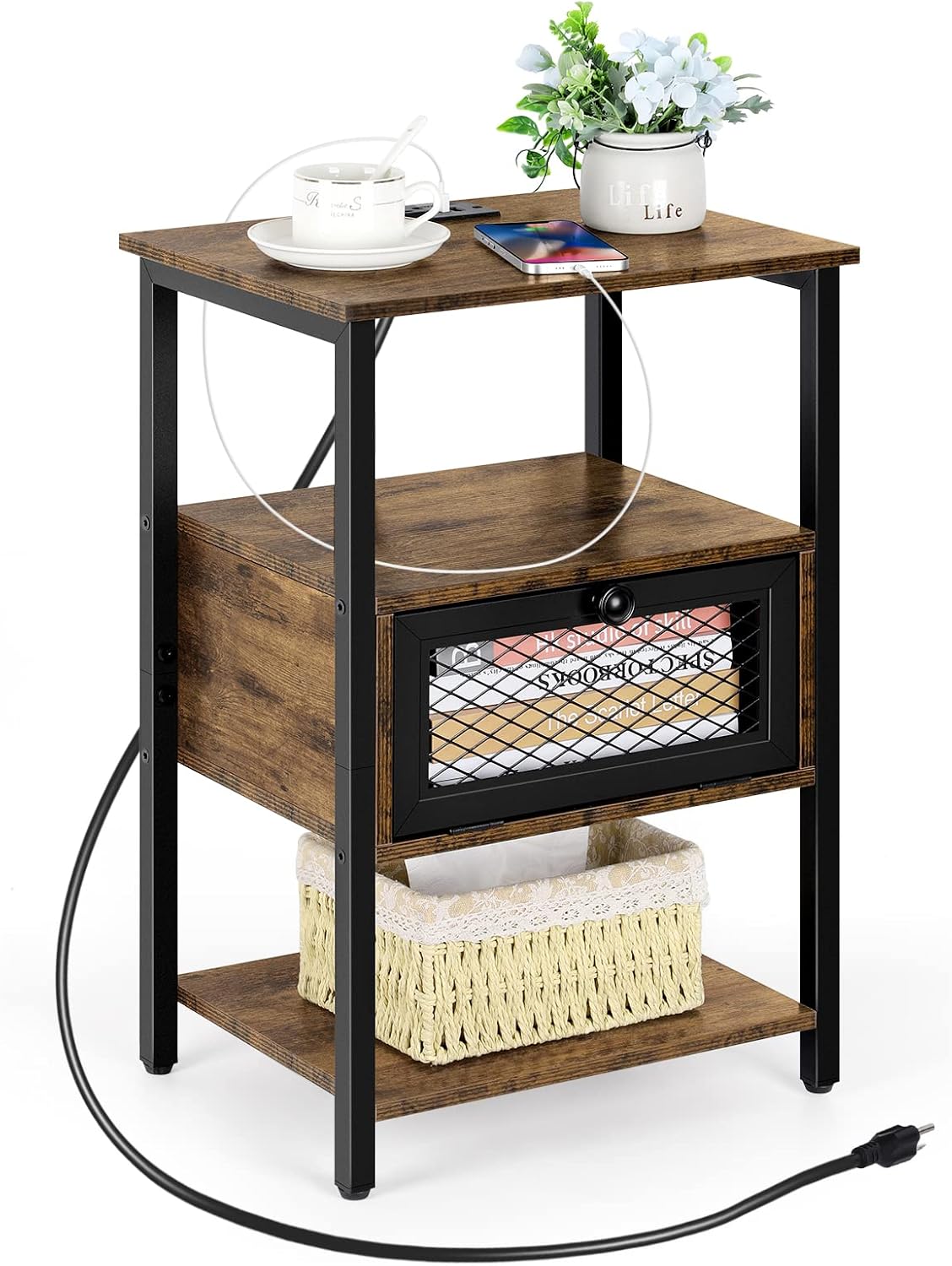 OYEAL End Table with Charging Station Bedside 3 Tier Small Nightstand