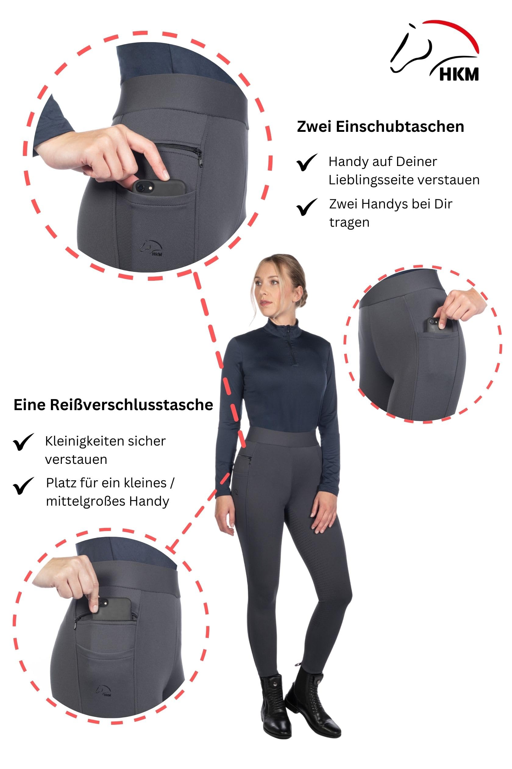 HKM Damen Reitleggings Isabella mit Silikon-Vollbesatz |Damen-Reithose mit Handytaschen Links und rechts und Reißverschlusstasche | Bequemer Komfortbund | dunkelblau