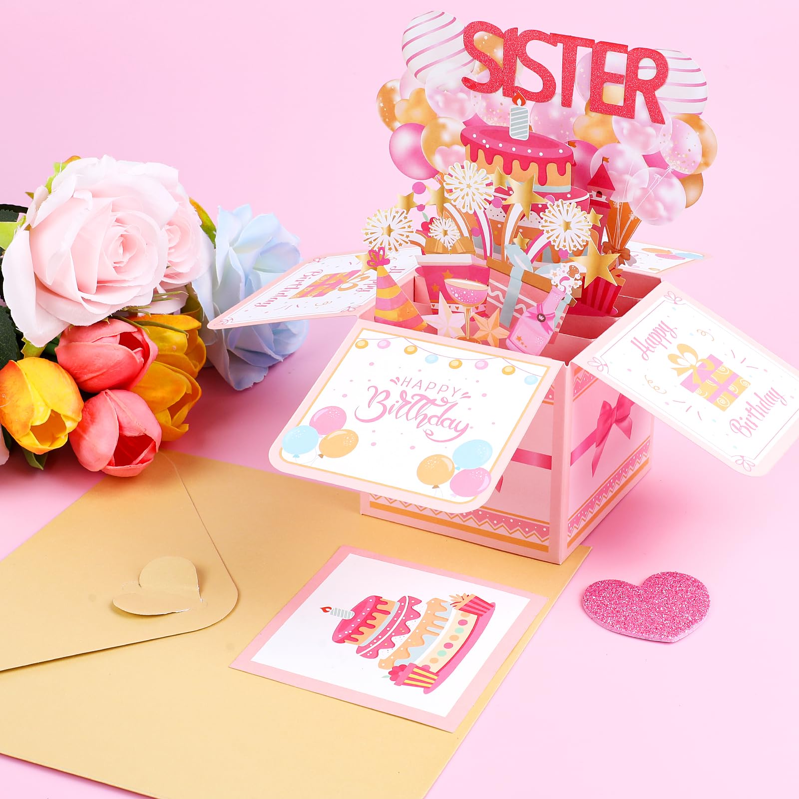 STEFORD Tarjeta desplegable de feliz cumpleaños para hermana, tarjeta de cumpleaños 3D para hermana con sobre, globos, fuegos artificiales, tarjetas de felicitación con tarjeta en blanco, regalos