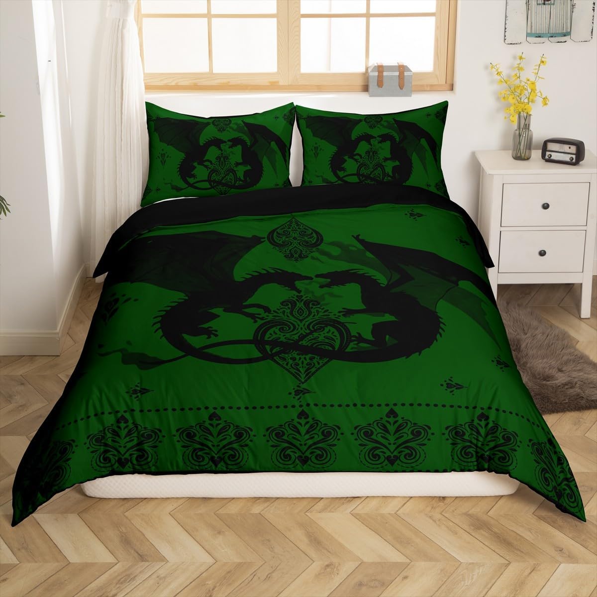jejeloiu Dragon Damask Bedding Set Toddler Size Kids, Medieval Fantasy Dragon Comforter Cover Set for Boys Girls, Ancient Wildlife Vintage Green Duvet Cover Bedspread Cover Quilt Cover,No Stuffing