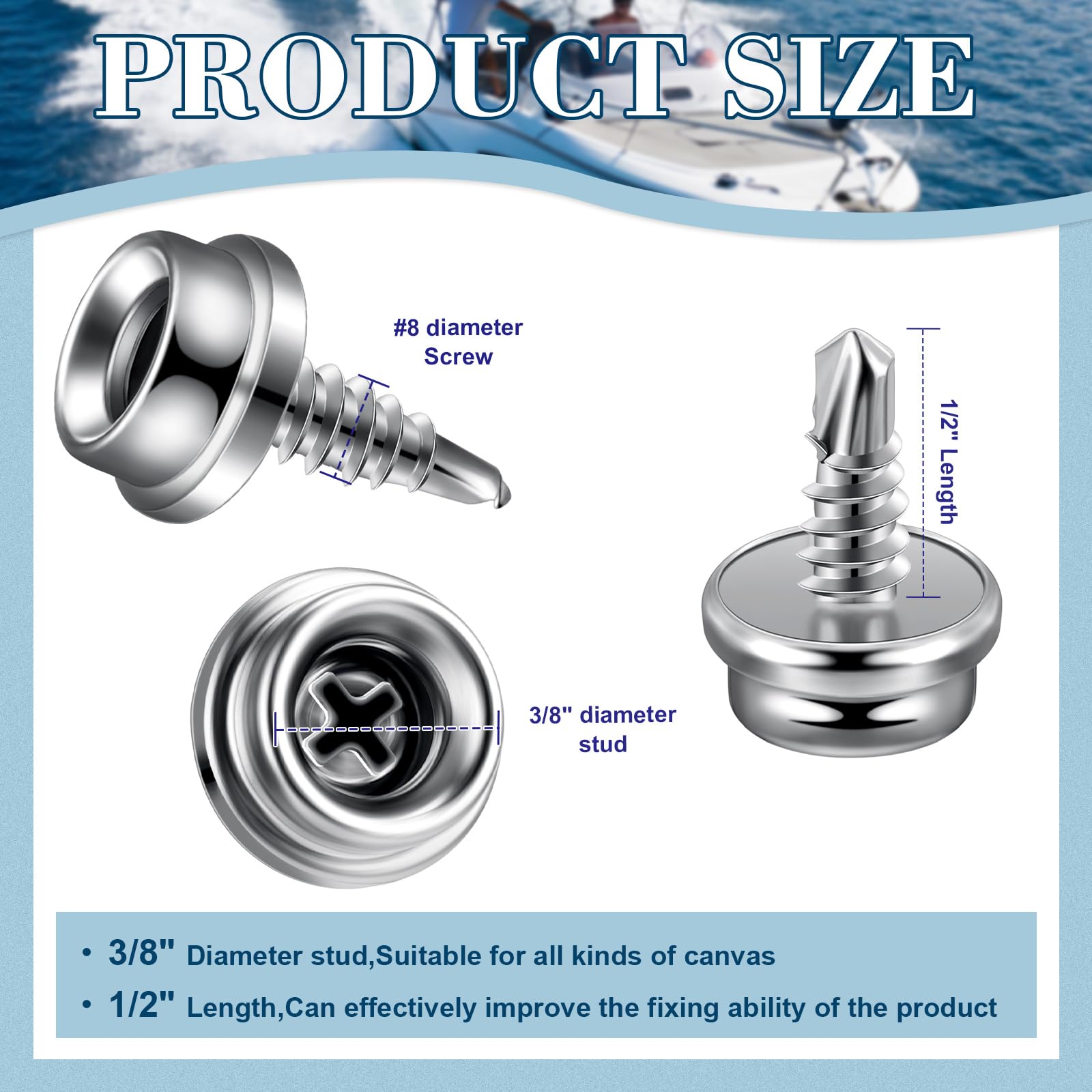 Juego de 100 broches de presión para tela de barco de acero inoxidable – Casquillo de 9,5 mm – Herramienta para fundas de barco