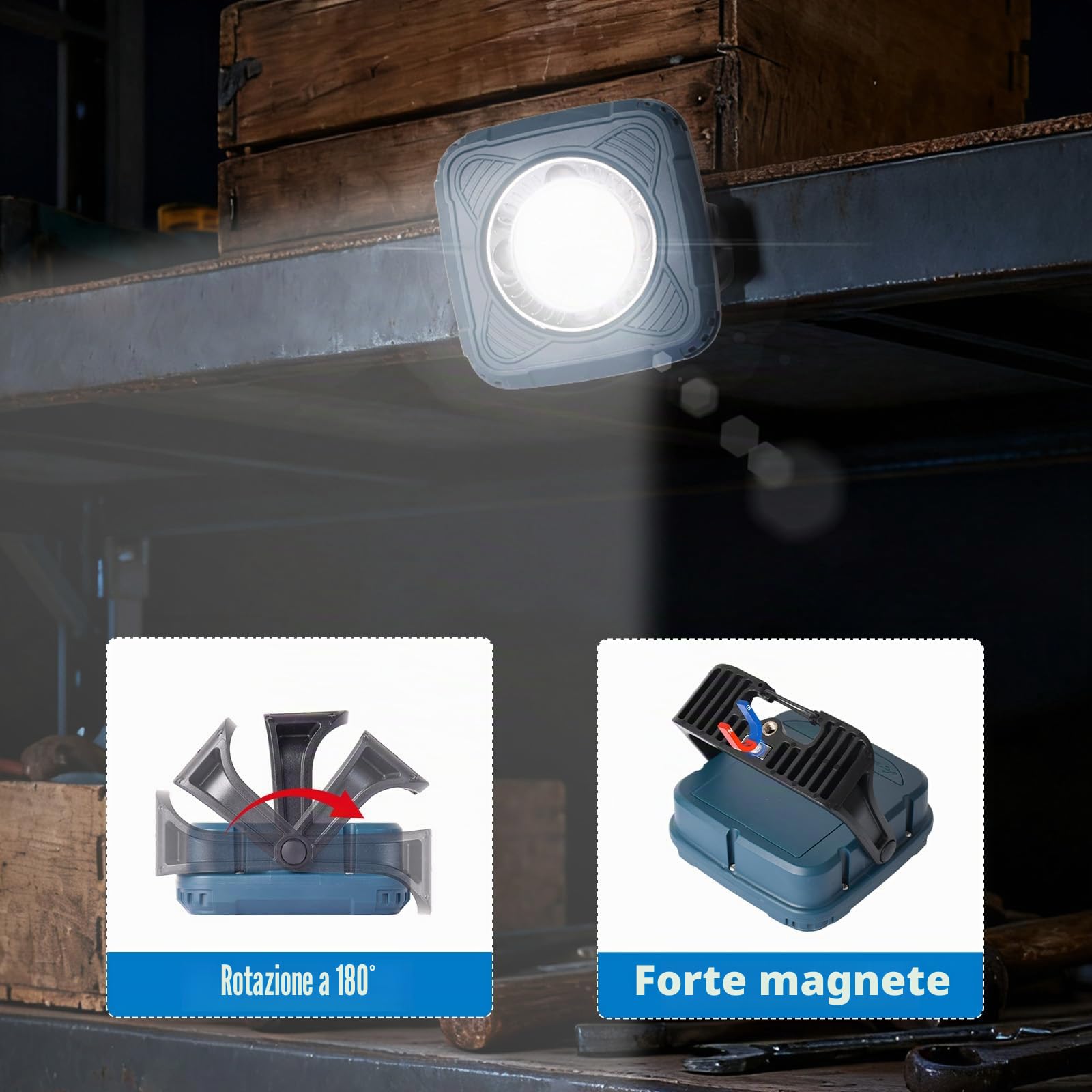 Lampada da Lavoro a LED Ricaricabile, 4 Modalità, Alta luminosità | Regolabile tramite rotazione, fissaggio magnetico, indicatore di carica, 3600 mAh, ideale per officine, cantieri ed emergenze