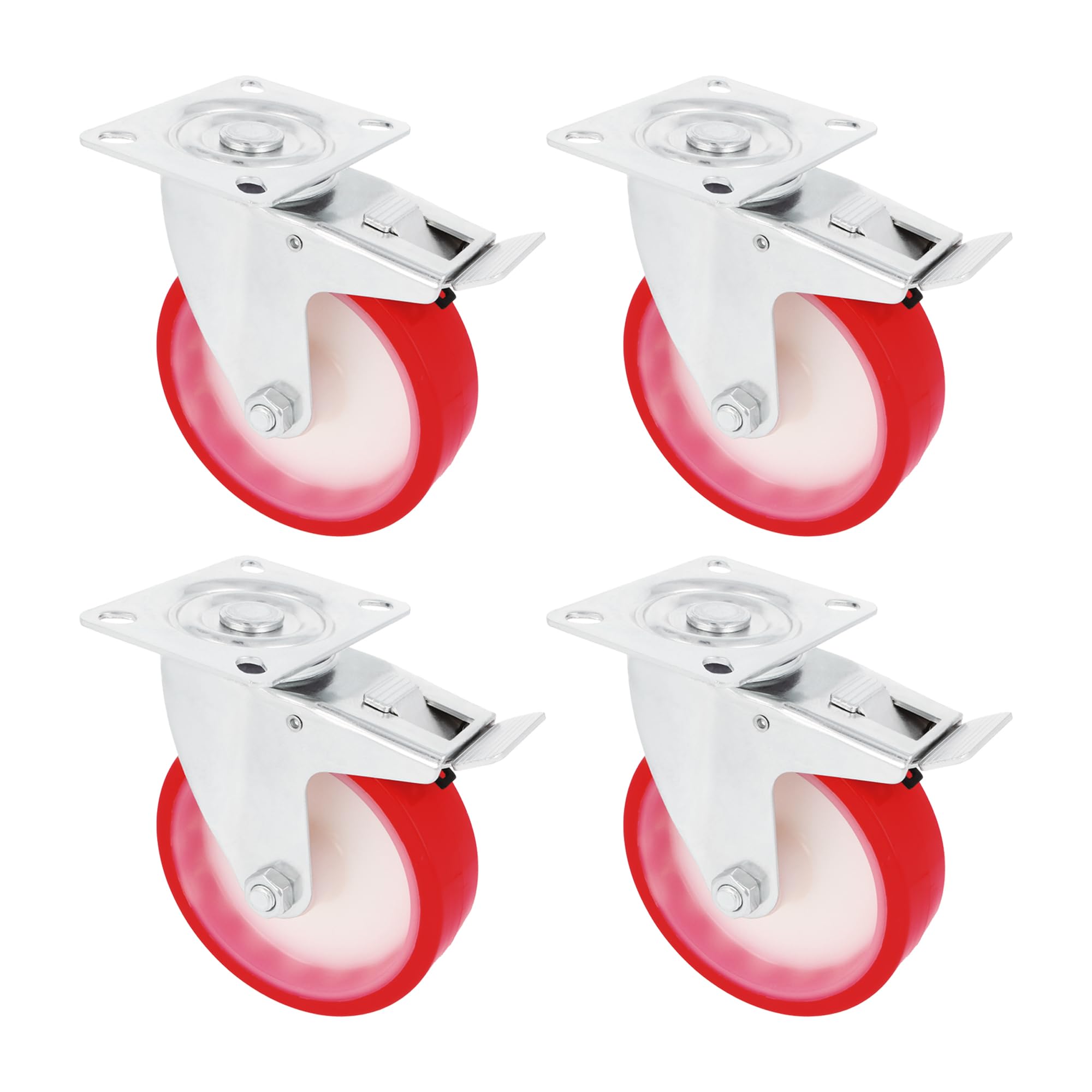 Amig - Set 4 Ruote con Freno | Ø 80 mm | Ruote Girevoli con Piastra Metallica | Peso Massimo 100 Kg | Per Spostare Mobili Pesanti | Cuscinetti a Rulli | Nucleo in Nylon Bianco | Poliuretano Rosso