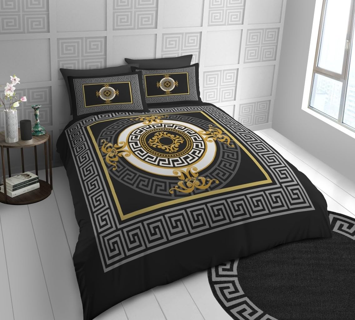 Lions Microfibre Bedding - Reversible Greek Double Bed Duvet Cover Sets with Matching Pillowcase, 100% Polyester Hypoallergenic Quilt Covers, Soft Geometric Pattern, Black - 200x200cm