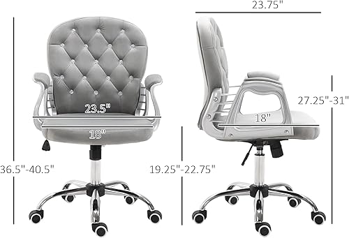 Miniatura 3 de Vinsetto Silla de oficina en casa de terciopelo, silla de escritorio con botones copetudos con reposabrazos acolchados, altura ajustable y ruedas