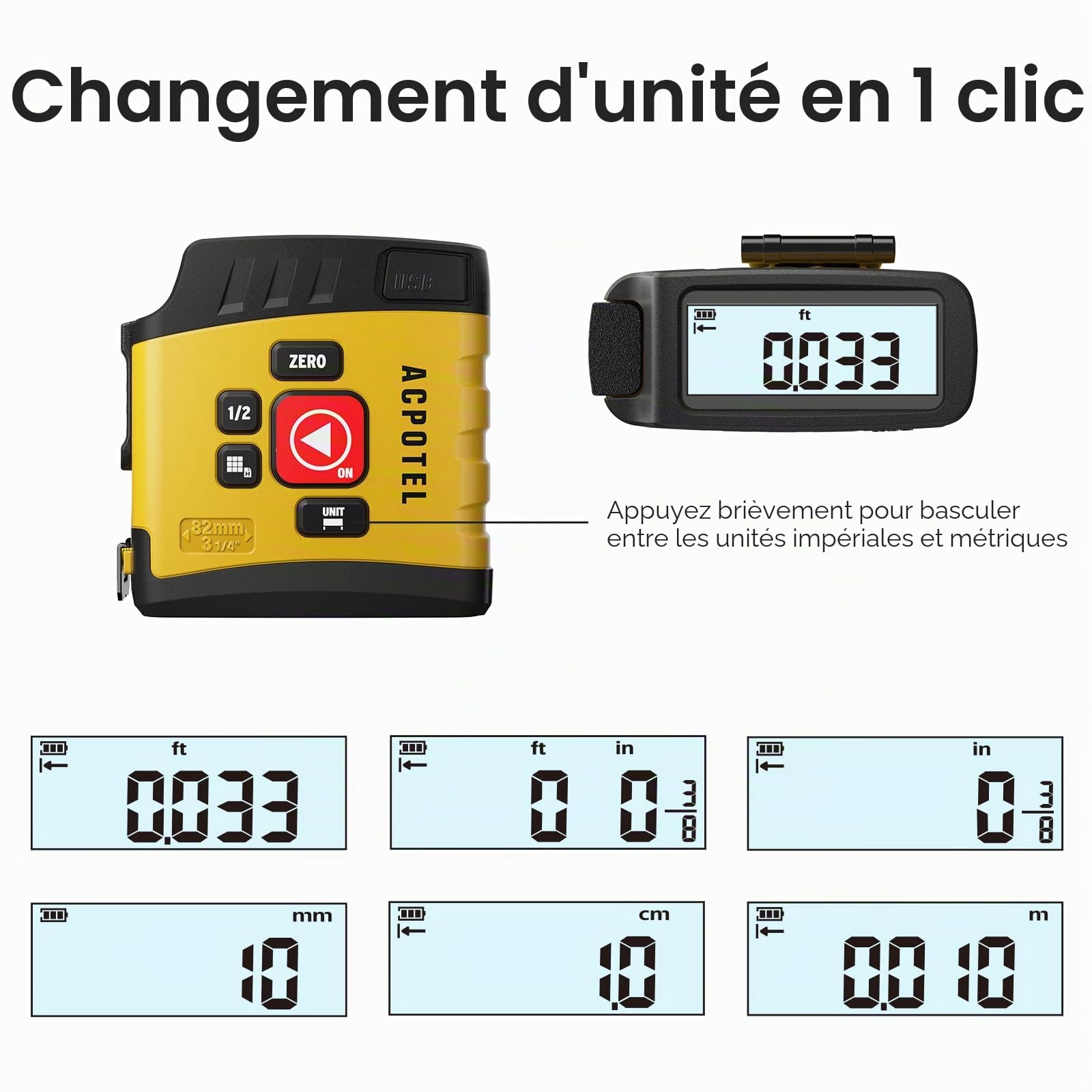 ACPOTEL Mètre Ruban Numérique 4,88 m, 6 unités métriques＆impériales, lecture facile, rétractable, avec fractions au 1/16, rechargeable, pour Distance/Surface/Volume, Jaune