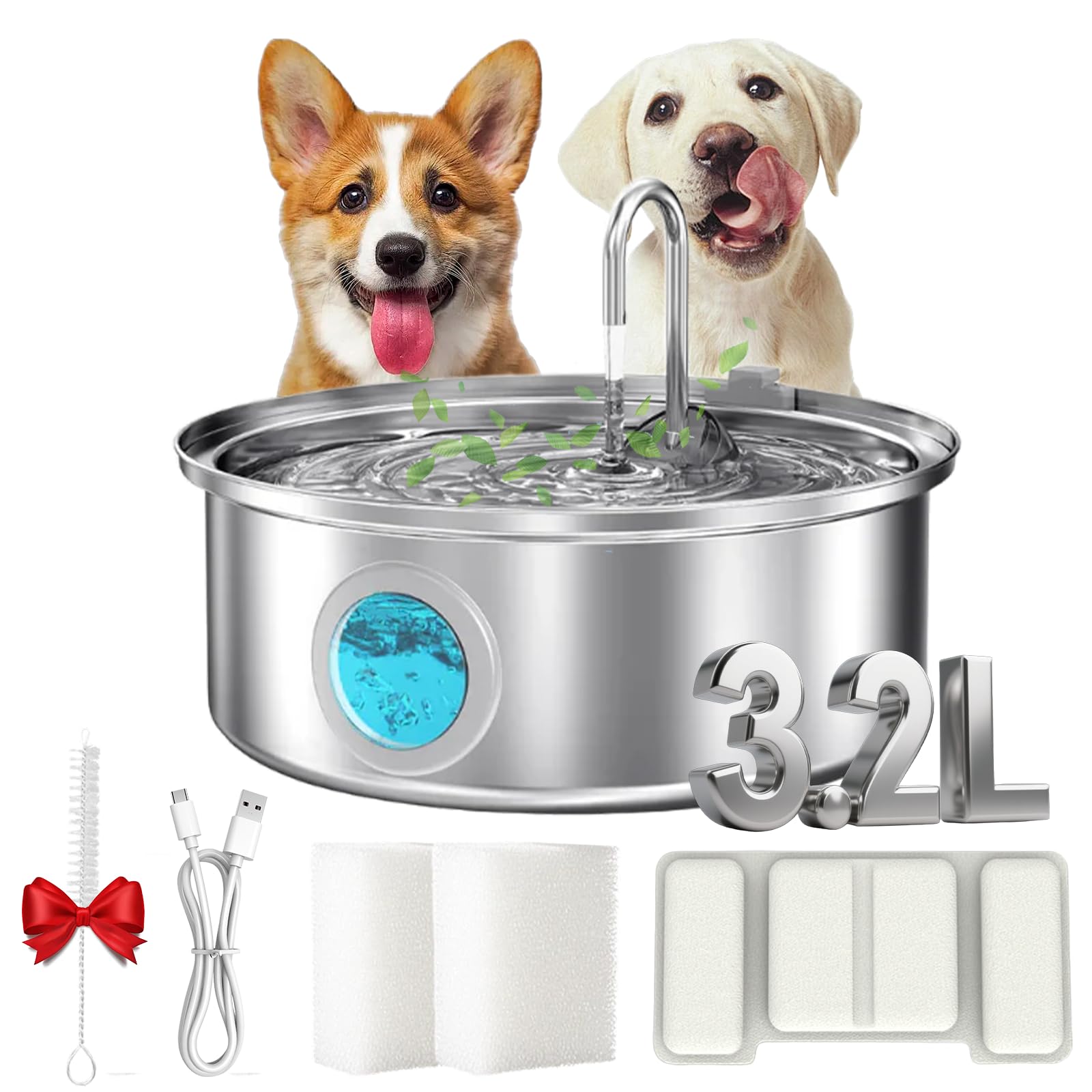 2026 New Dog Water Fountain, 3.2/7L Filtered Water Fountain, Stainless Steel Dog Water Fountain, Give Your Dog a Longer, Healthier Life with Proper Hydration (Sliver, 3.2L+2 Filters)