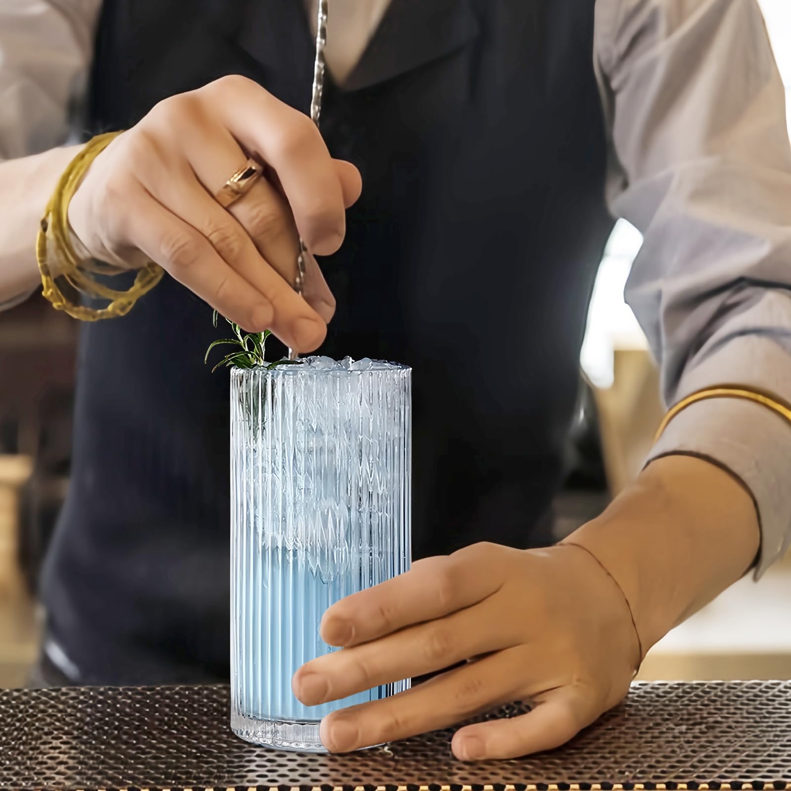 Vasos para beber, vasos Highball, cristalería acanalada, taza de café, tazas para agua, café, cóctel, cerveza, jugo (12 onzas), juego de 4