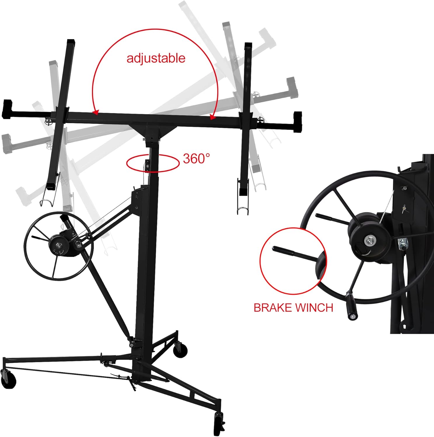Drywall Rolling Lifter Panel, 11ft Sheetrock Lift Drywall Lift, 150lb Weight Capacity Panel Hoist Jack Tool, Steel Material w/Telescopic Arm & 3 Lockable Wheels, 4' x 16' Plasterboard Size - Black