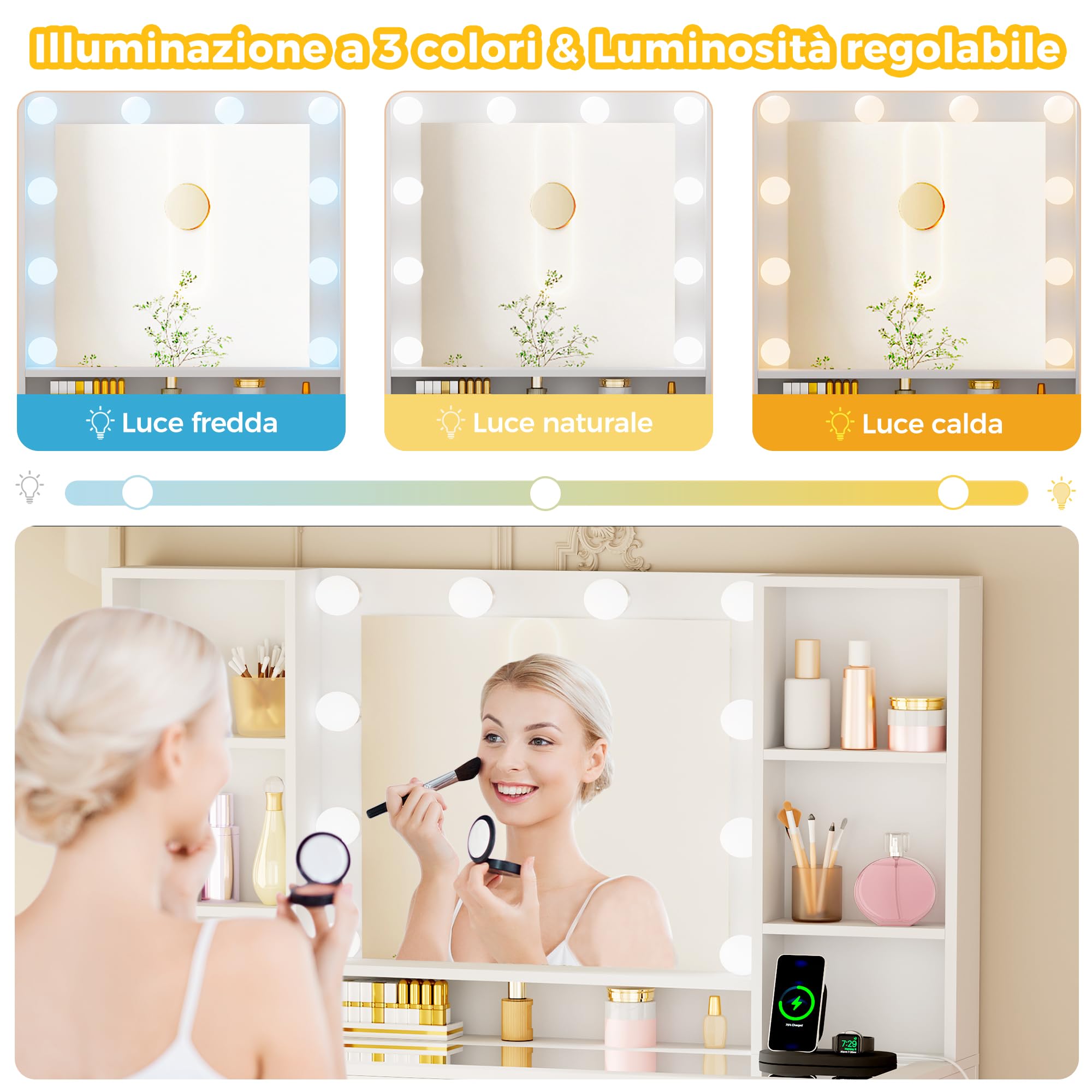 ANWBROAD Grande Toeletta Trucco con Luci LED,Luminosità Regolabile | Toletta da Trucco con Specchio,Postazione Trucco con Presa,Tavolo da Trucco con 13 Cassetti,7 Ripiani Aperti,Bianco BDT19X