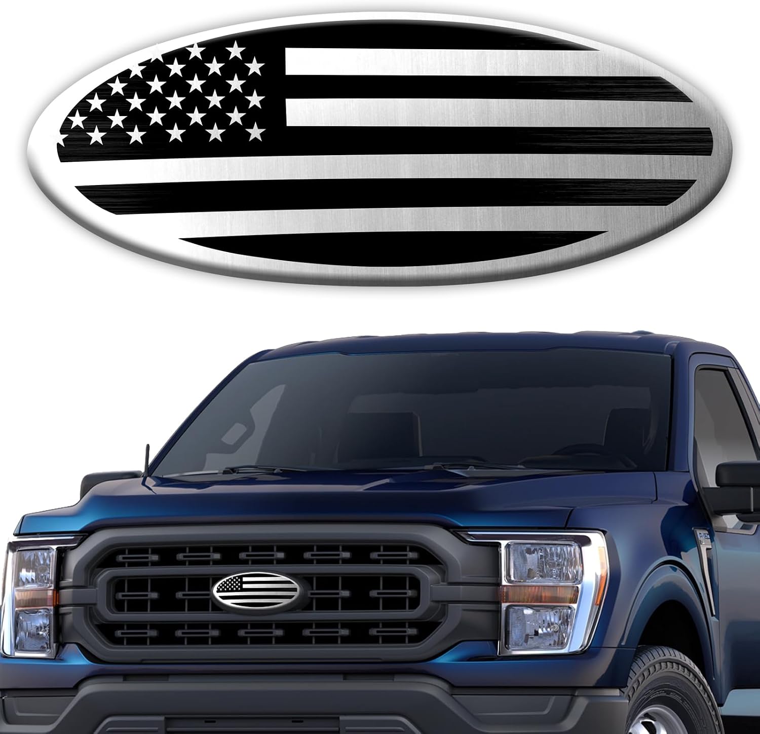 Tailgate Emblem for Ford F150 F250 F350 Black American Flag 9 Inch Front Grill Emblem for Ford Emblems, Aluminum Oval Overlay Front Grill Rear Tailgate American Flag Decal Badge(Black)