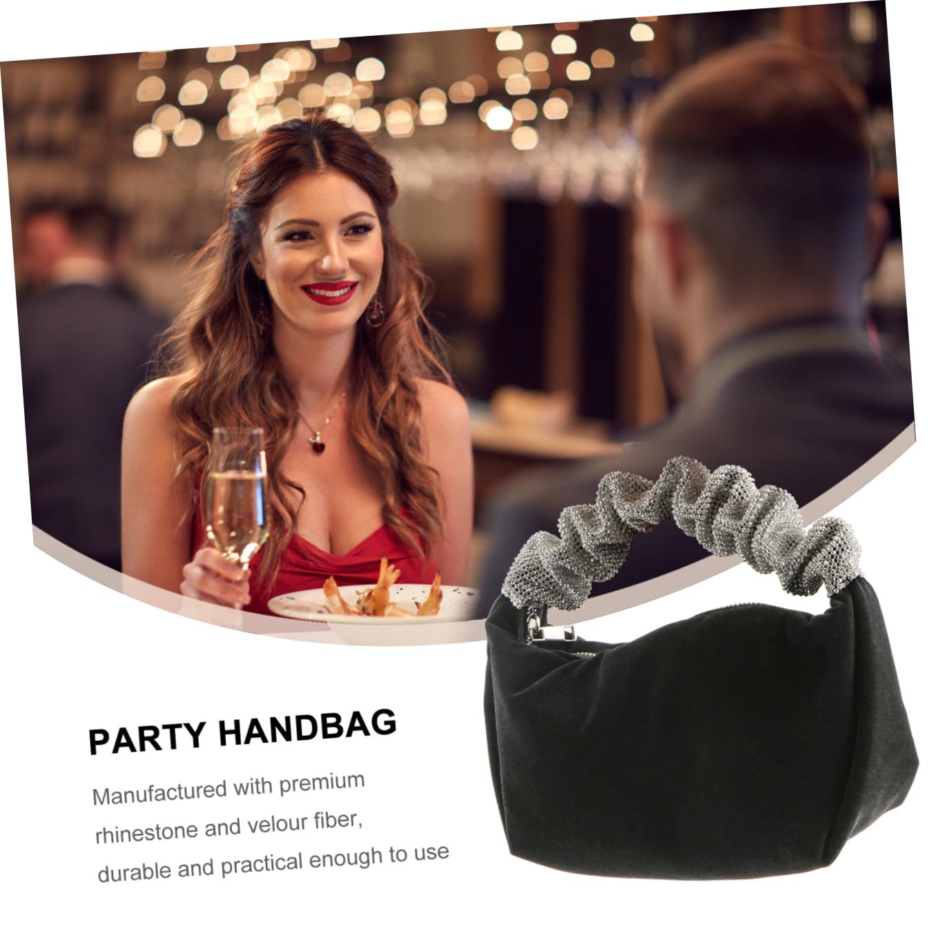GALPADA Negro Bolso de Terciopelo de Imitación de Gemas Fiesta