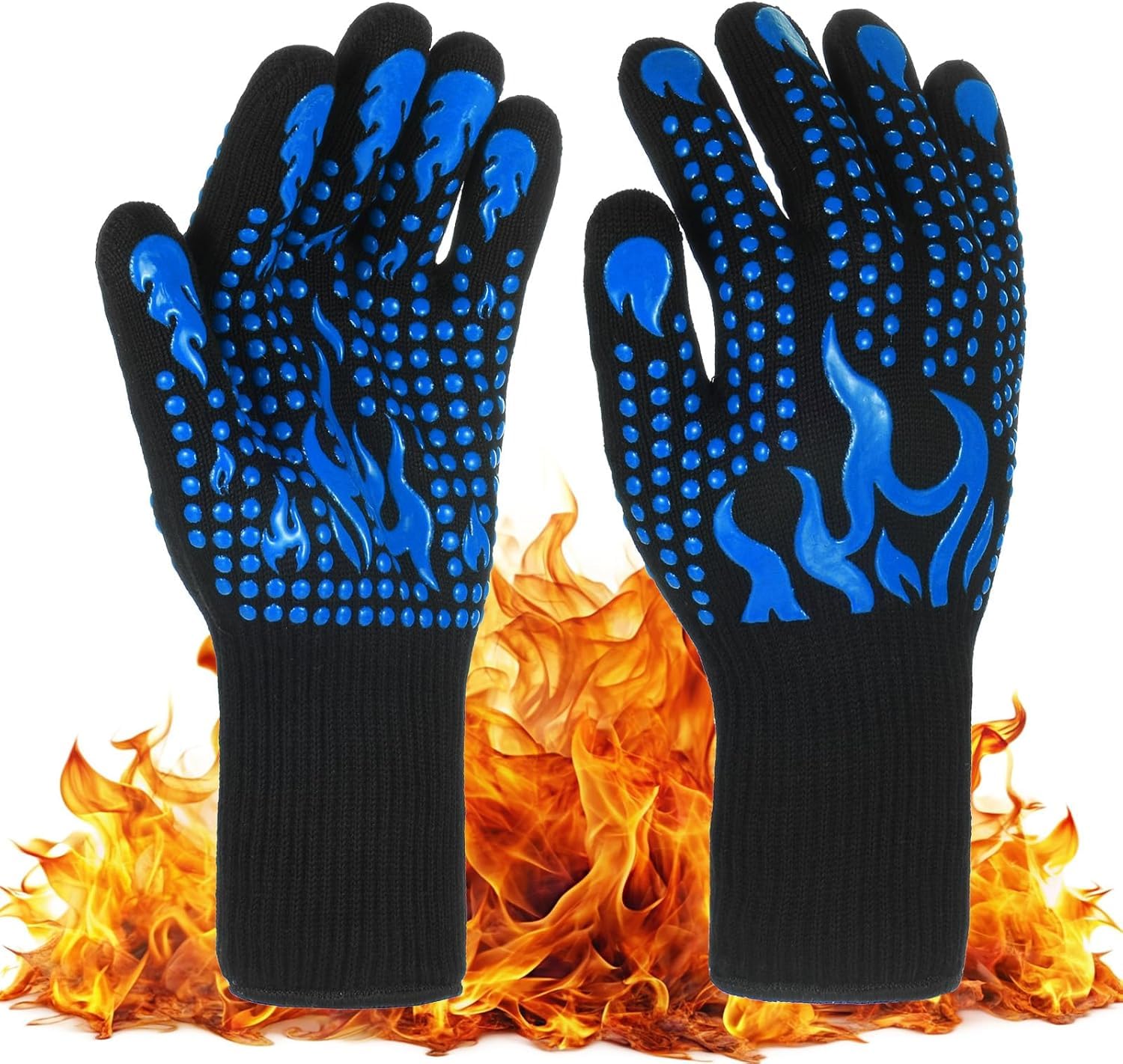 XAXEURLKJ Heat Resistant Bbq Gloves - 1472°f Silicone Grilling Mitts For Outdoor Cooking, Smoker, And Baking - Fireproof Grill Gloves [grey/black] Blue