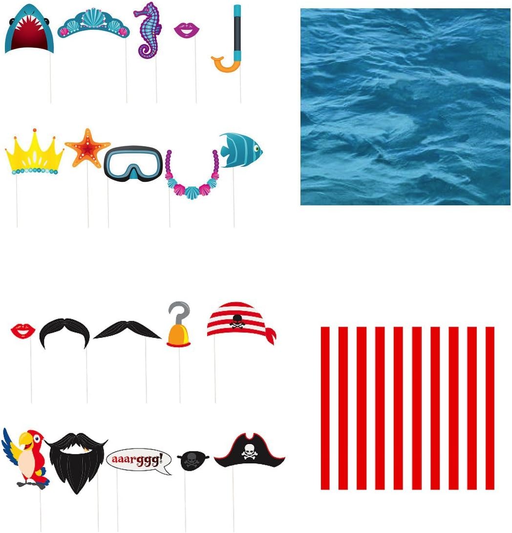 Mermaid and Pirate Party Supplies - Mermaid and Pirate Photo Booth Props with Red Stripe Backdrop and Ocean Under The Sea Backdrop