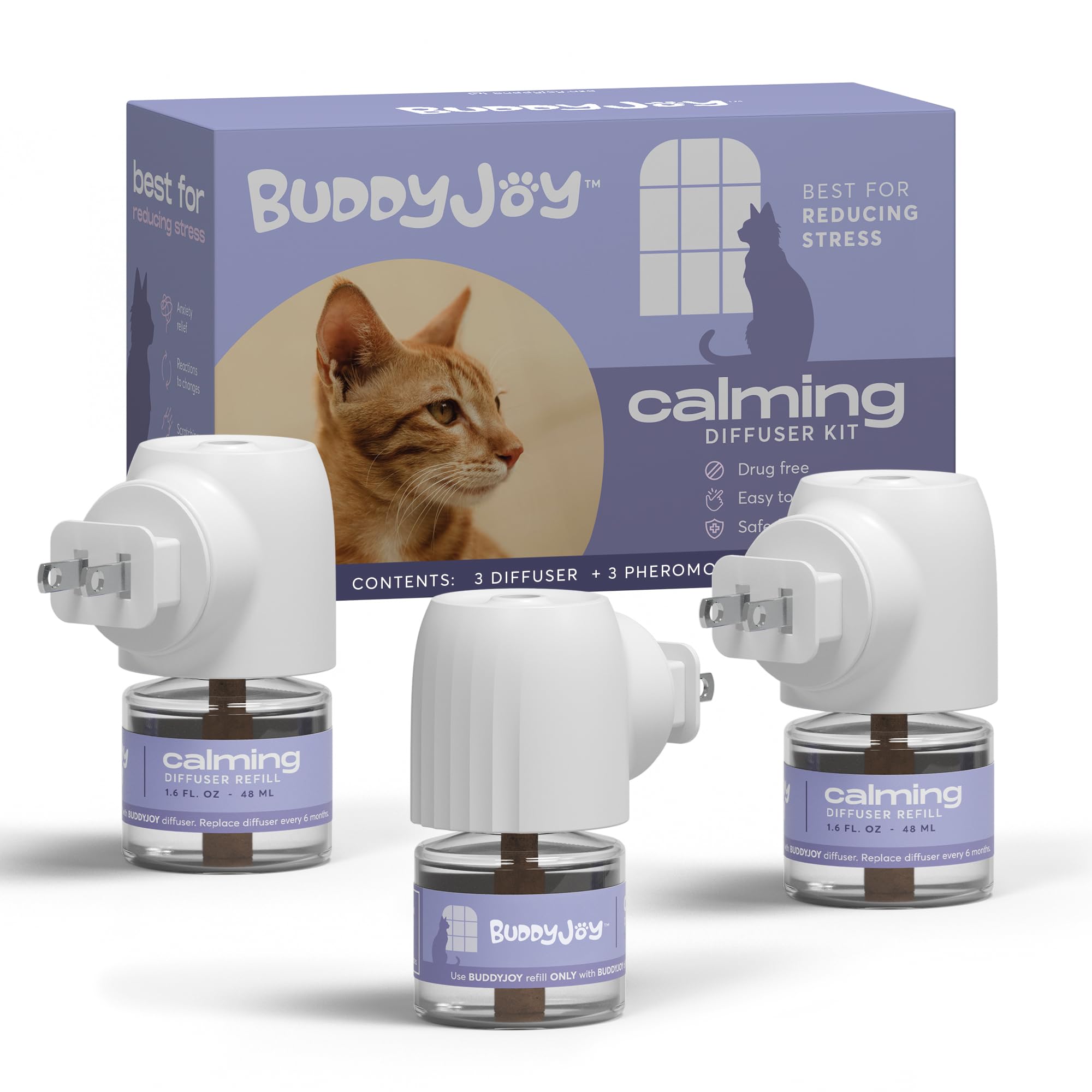 BUDDYJOY Cat Calming Diffuser Refills – Long-Lasting 30-Day Formula, Cat Pheromones Calming Diffuser for Stress Relief, Relaxation, and Anxiety Reduction, Easy to Use – (3 Diffusers + 3 Refills)