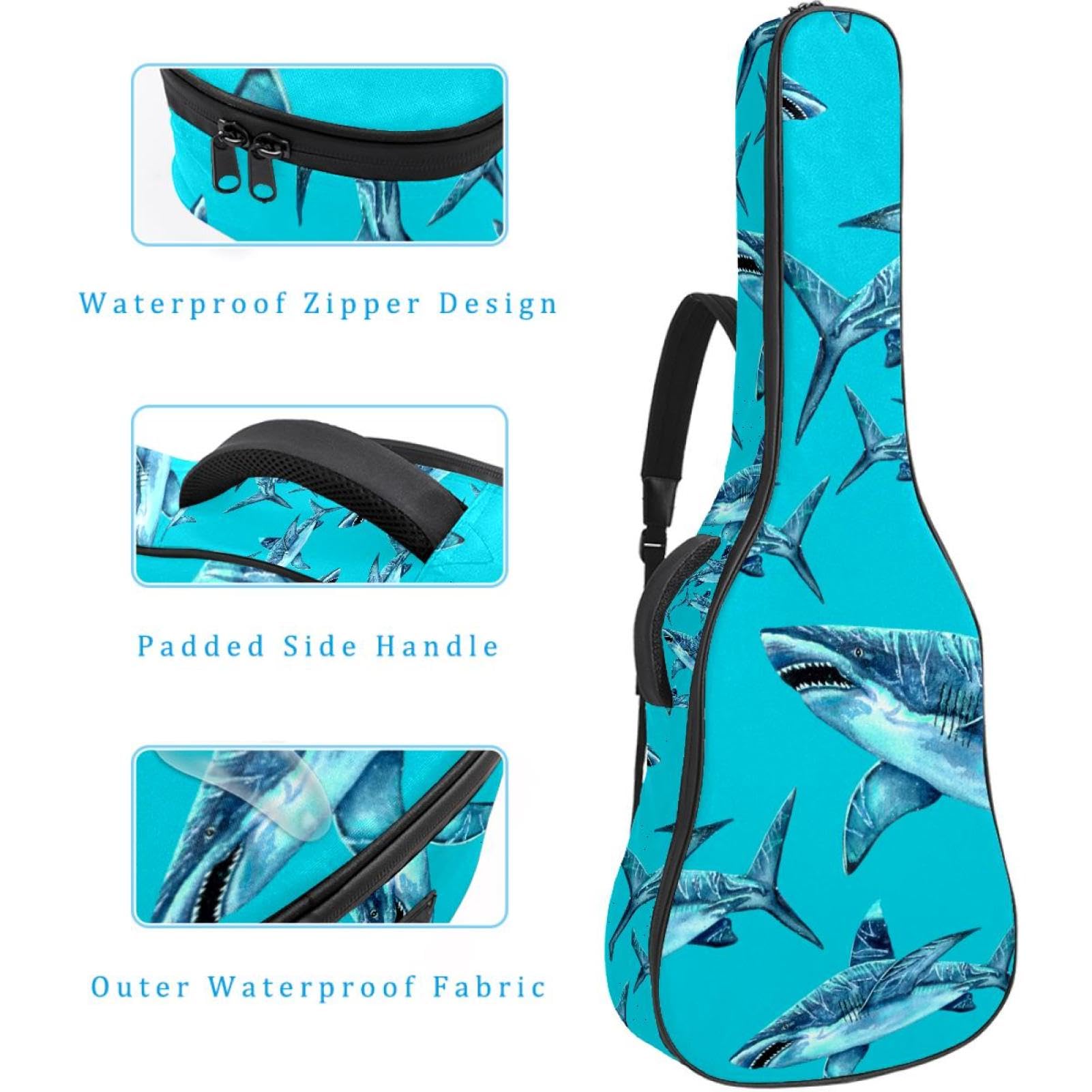 Torba na gitarę akustyczną Wodoodporny plecak na gitarę Gruby miękki wyściełany Shark Klasyczna obudowa na gitarę, wielobarwny, 42.9x16.9x4.7 in, Organizer do torby