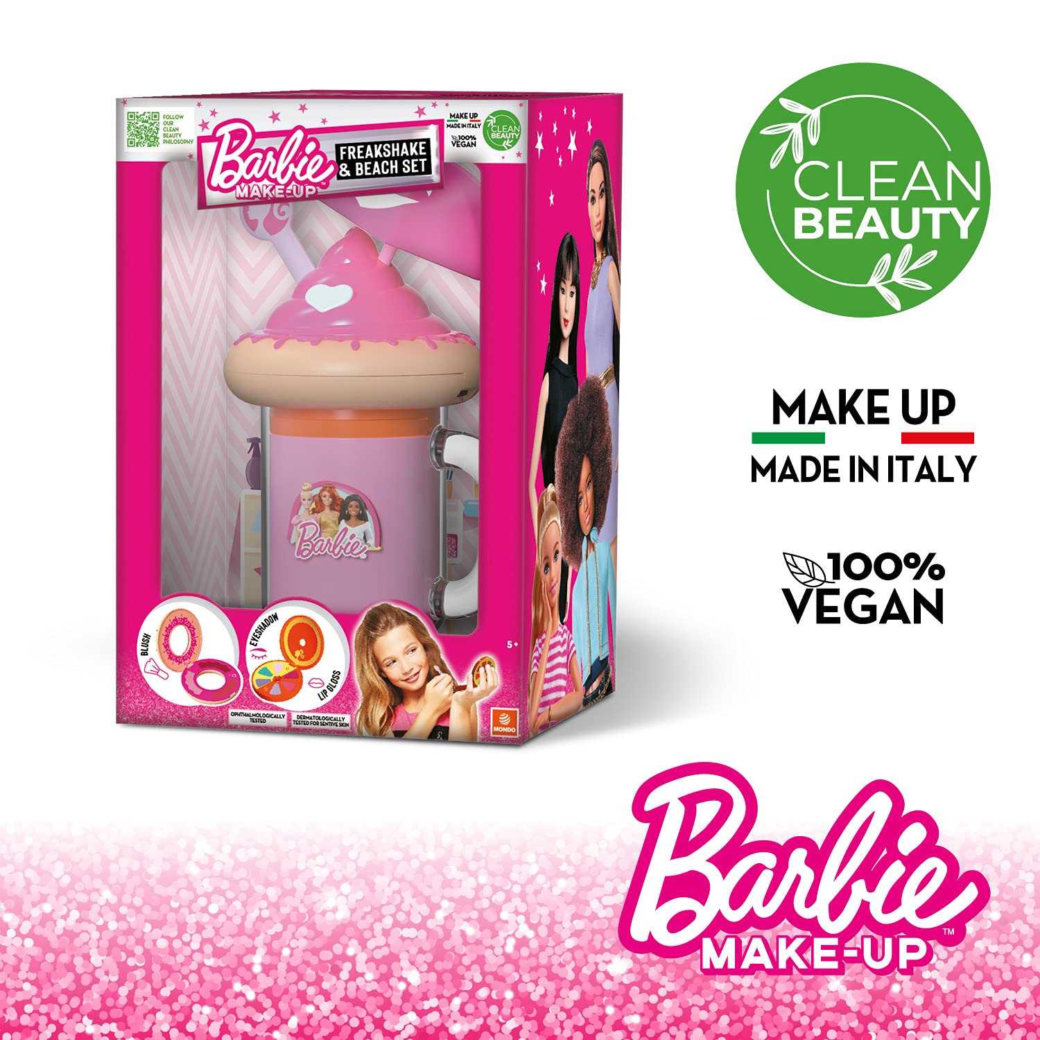 Mondo Barbie Freakshake 40004, zestaw do makijażu/plażowy, 2-14 lat, w zestawie 3 błyszczyki do ust, 3 zwężone róże, 3 aplikatory, 1 ściereczka, 1 tajna komora