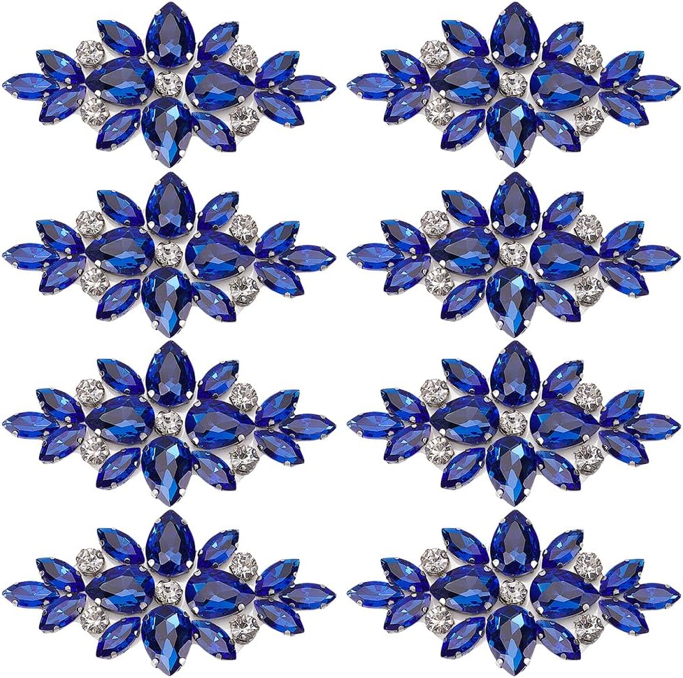 FINGERINSPIRE 8PCS Flower Glass Rhinestone Appliques 3.2x1.65inch Royal Blue Flower Glass Rhinestones Appliques Iron on/Sew on Rhinestone Patch for Wedding Bridal Dress Headpiece Belt Clothes Decor