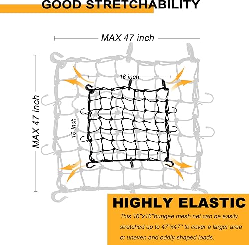 Miniatura 3 de GSPSCN Red de carga de 16 x 16 pulgadas, red elástica de látex resistente que se estira hasta 47 x 47 pulgadas, red de equipaje gruesa con malla de