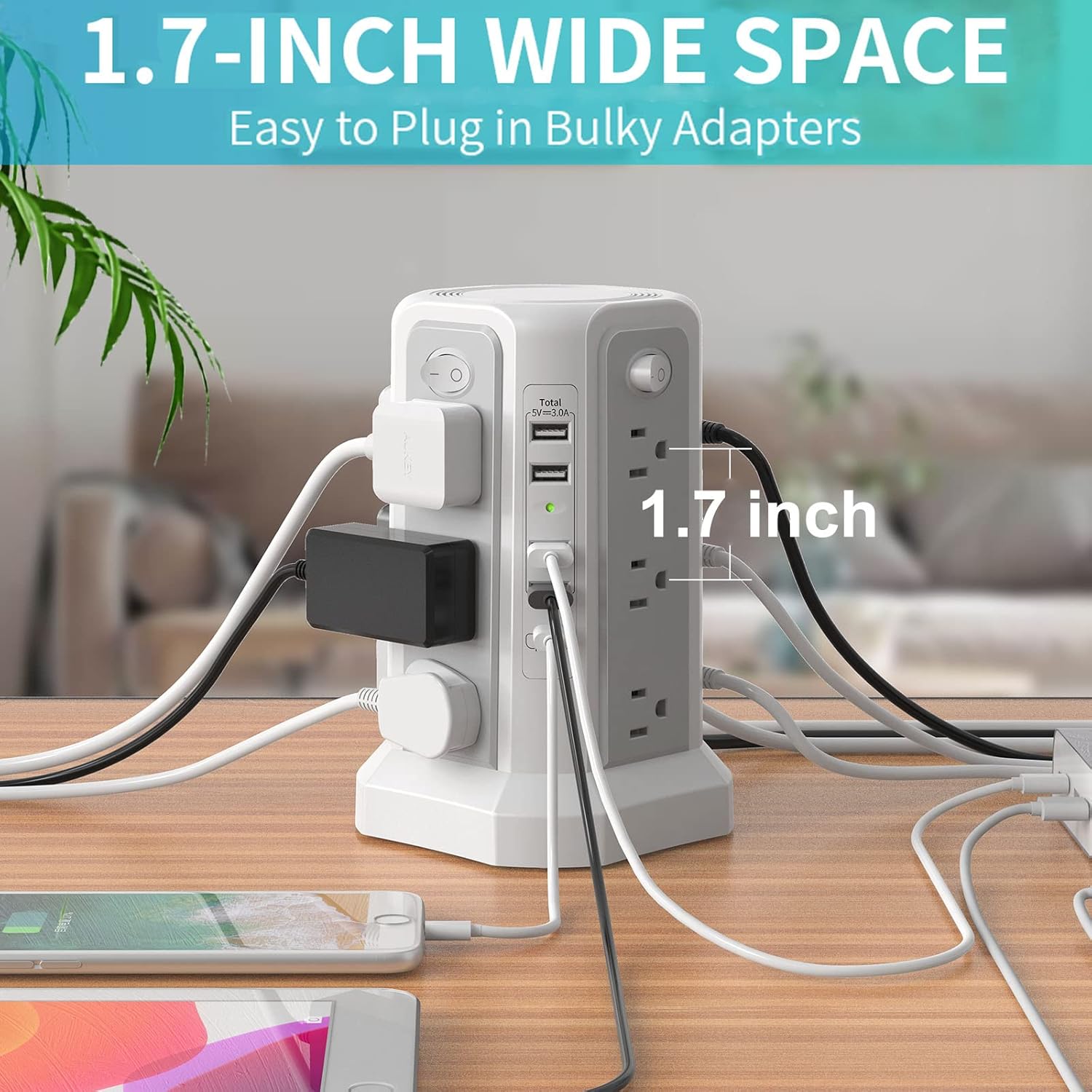 Surge Protector Power Strip with 5 USB Ports, Night Light, 18W Fast Charging Port, 10FT Extension Cord with 12 AC Multiple Outlets, Power Strips Tower, Overload Protection for Home Office Dorm Room