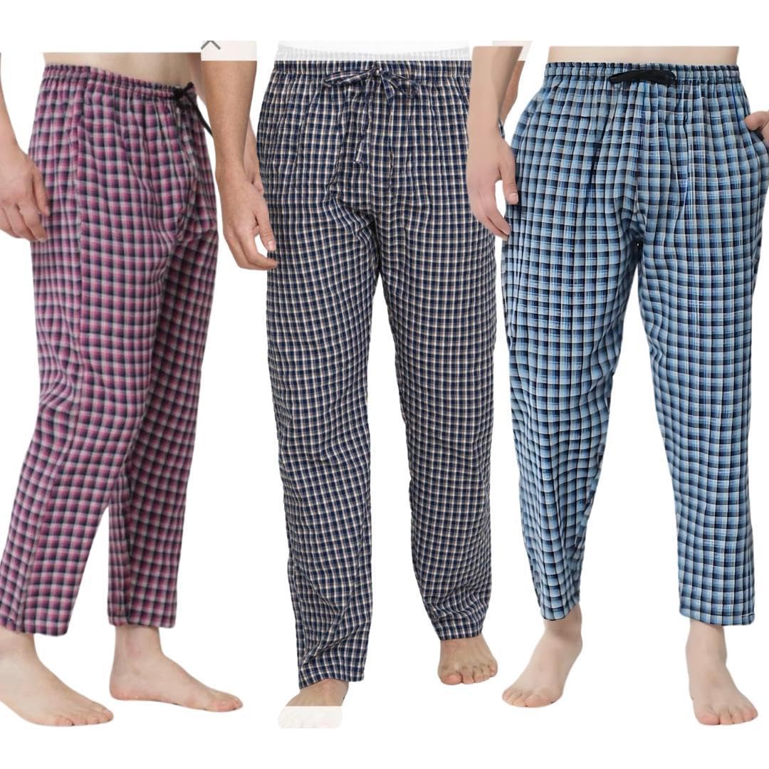 babeast Men's Cotton Pyjama Pants, Plaid Check Pattern, Pack of 3, Drawstring Waist, Pink Navy Blue-picture-48