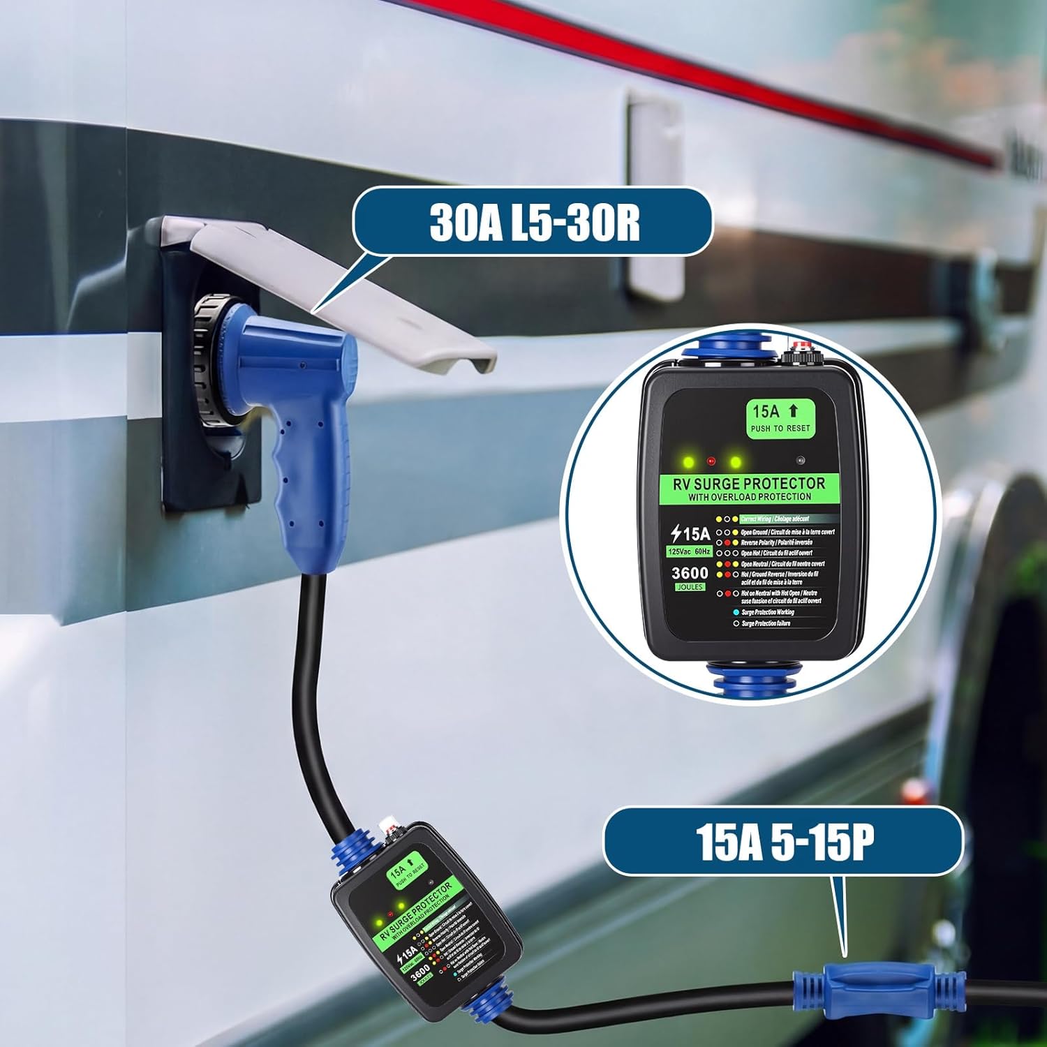 Kanayu Surge Protector 15 Amp to 30 Amp RV Adapter Cord with Overload Protection ETL Listed 5-15P to L5-30R 3600J Electrical Power Adapter for Camper Travel Trailer STW 10 AWG/3C, 2.5ft