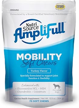 NutriSource AmpliFull Turkey Flavor Mobility Soft Chews for Dogs, Daily Joint Health Supplement with Glucosamine & Chondroitin for Flexibility & Comfort, 70 Chews 1 Pack