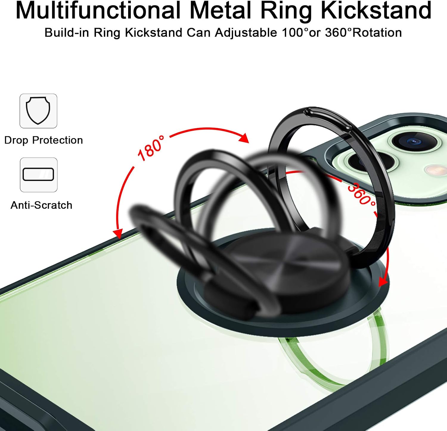 Charlam Compatible with iPhone 12 Case/12Pro Case 6.1 inch, Clear Crystal Shockproof Drop Tested Military Grade Protection Bumper Cases with Magnetic Car Mount Ring Kickstand 5G 2020, Pine Green